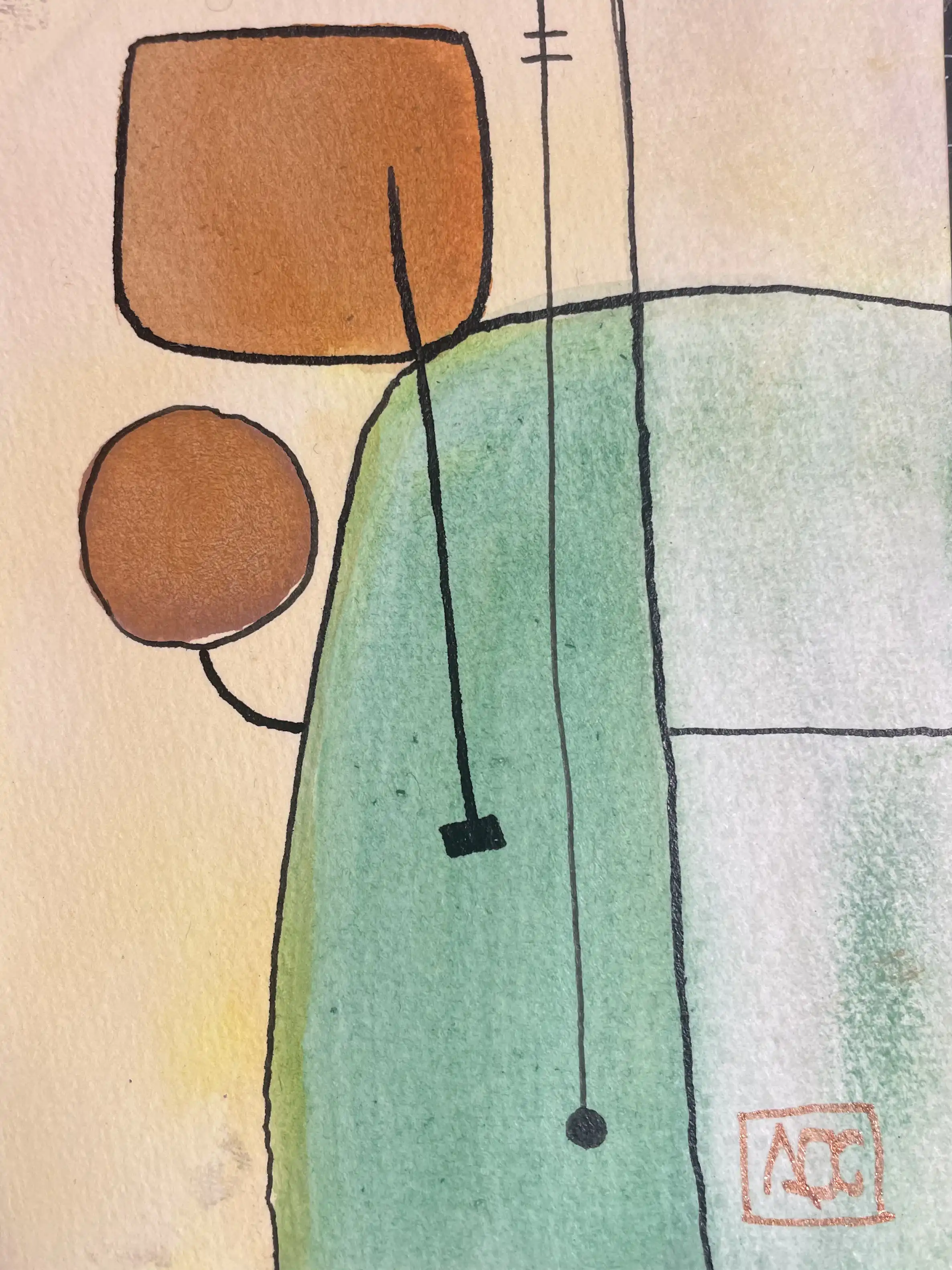 Watercolor painting: orange and yellow-green geometric forms with linear elements in neutral background