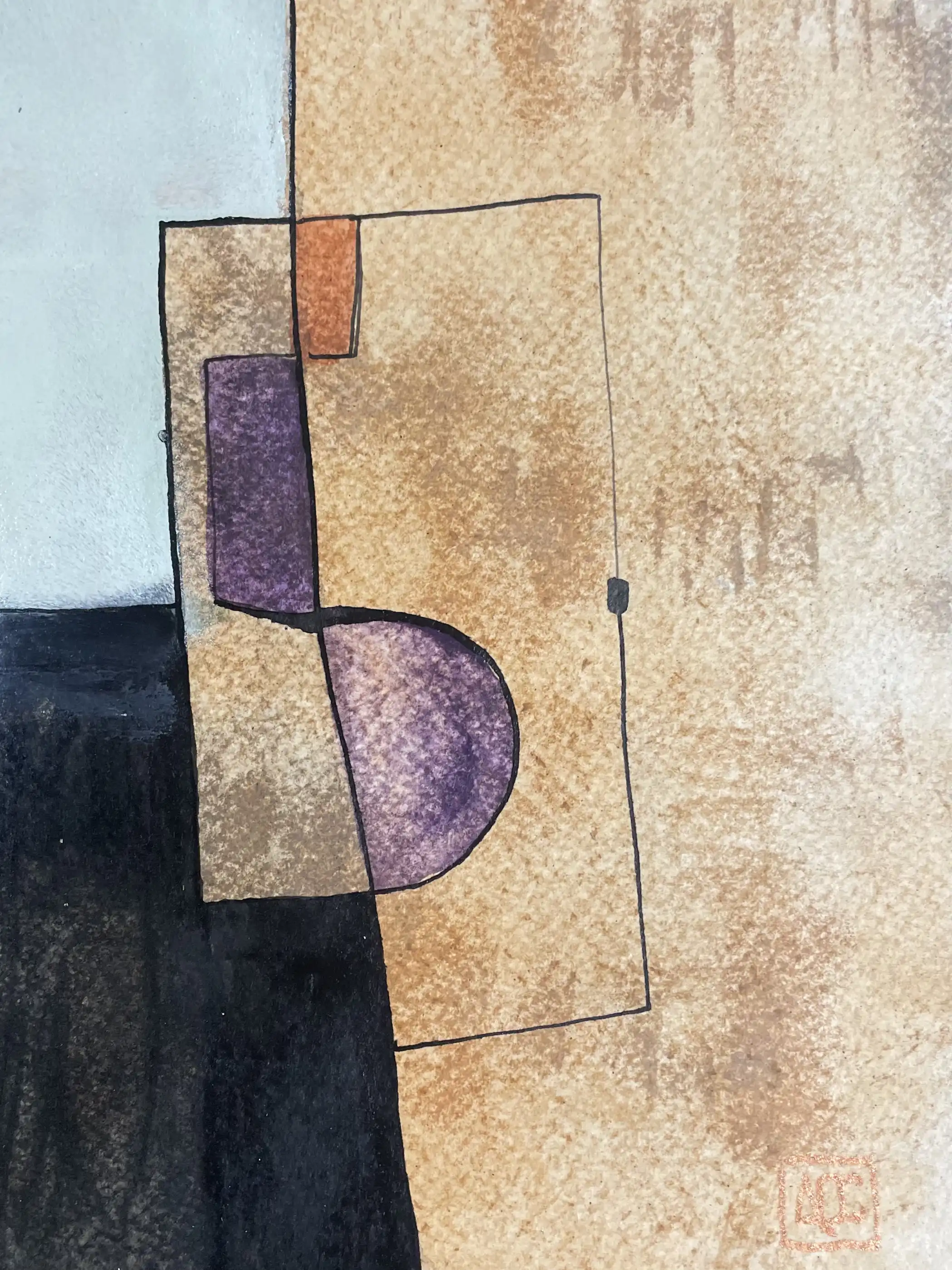 Watercolor painting showing yellow-orange and orange geometric forms with blue-violet contrast areas in F Major translation