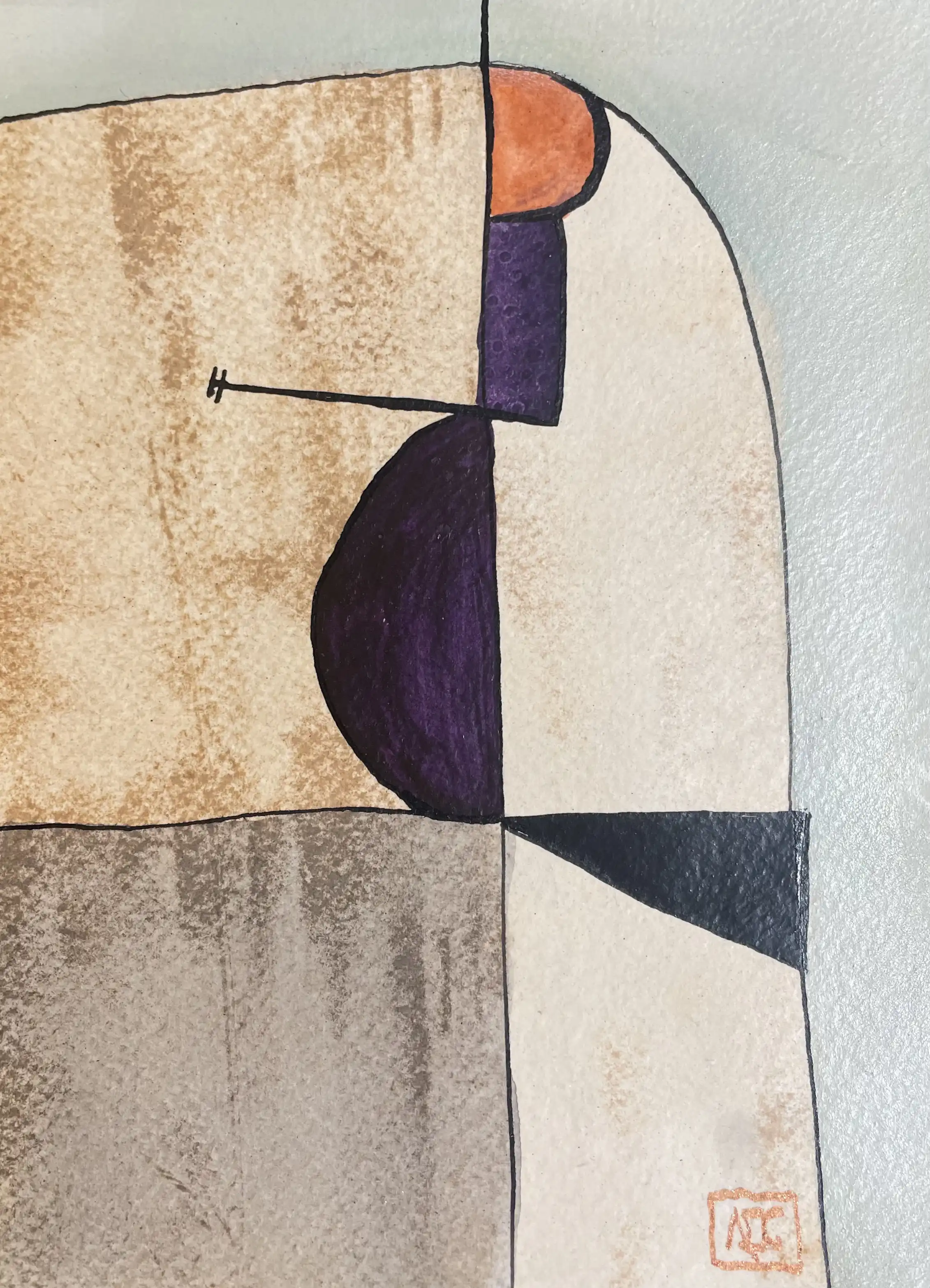 Watercolor with yellow-orange and orange geometric forms divided by black lines in structured composition