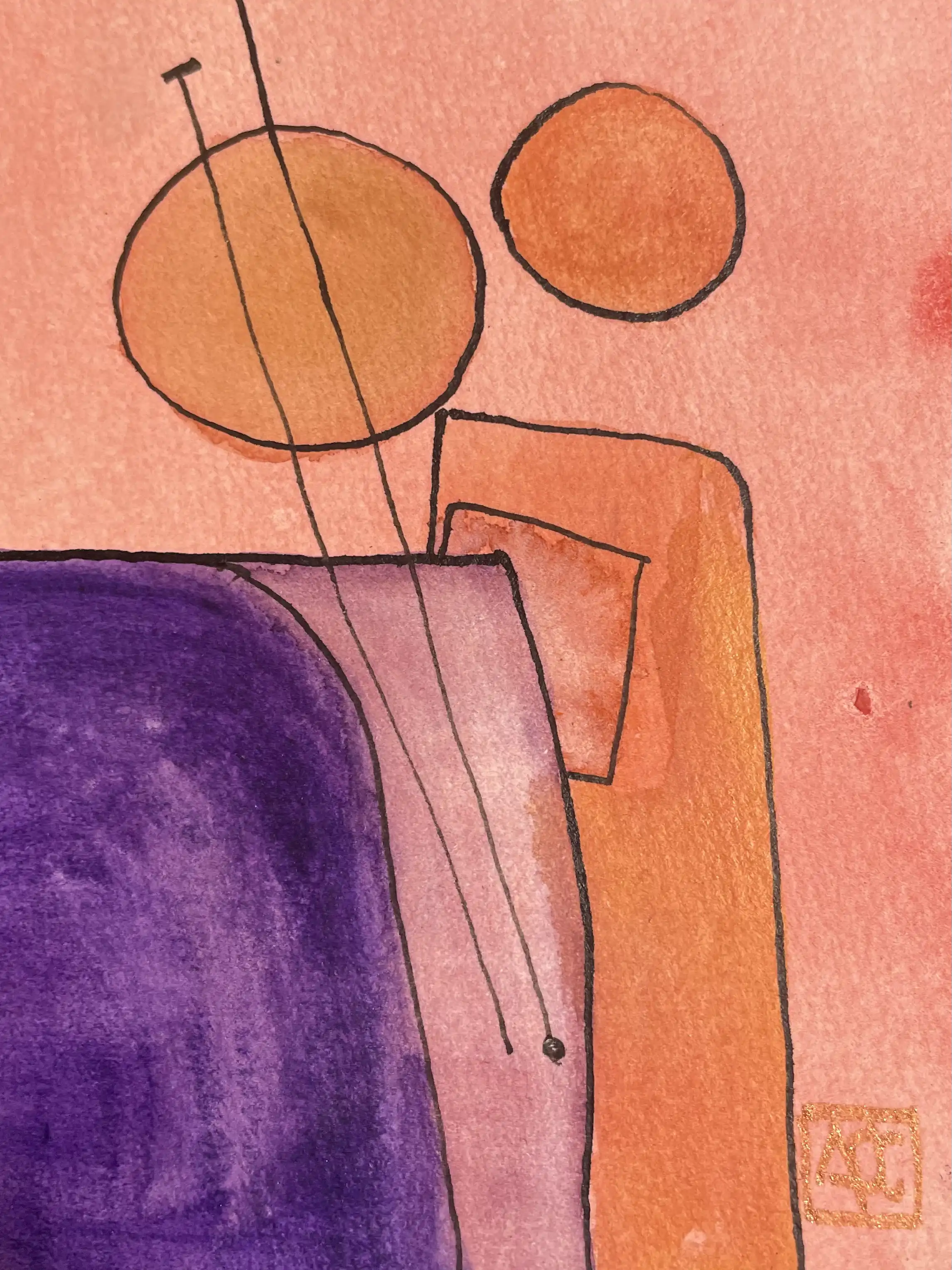 Watercolor painting: red-orange and orange geometric forms with purple accents in abstract musical composition