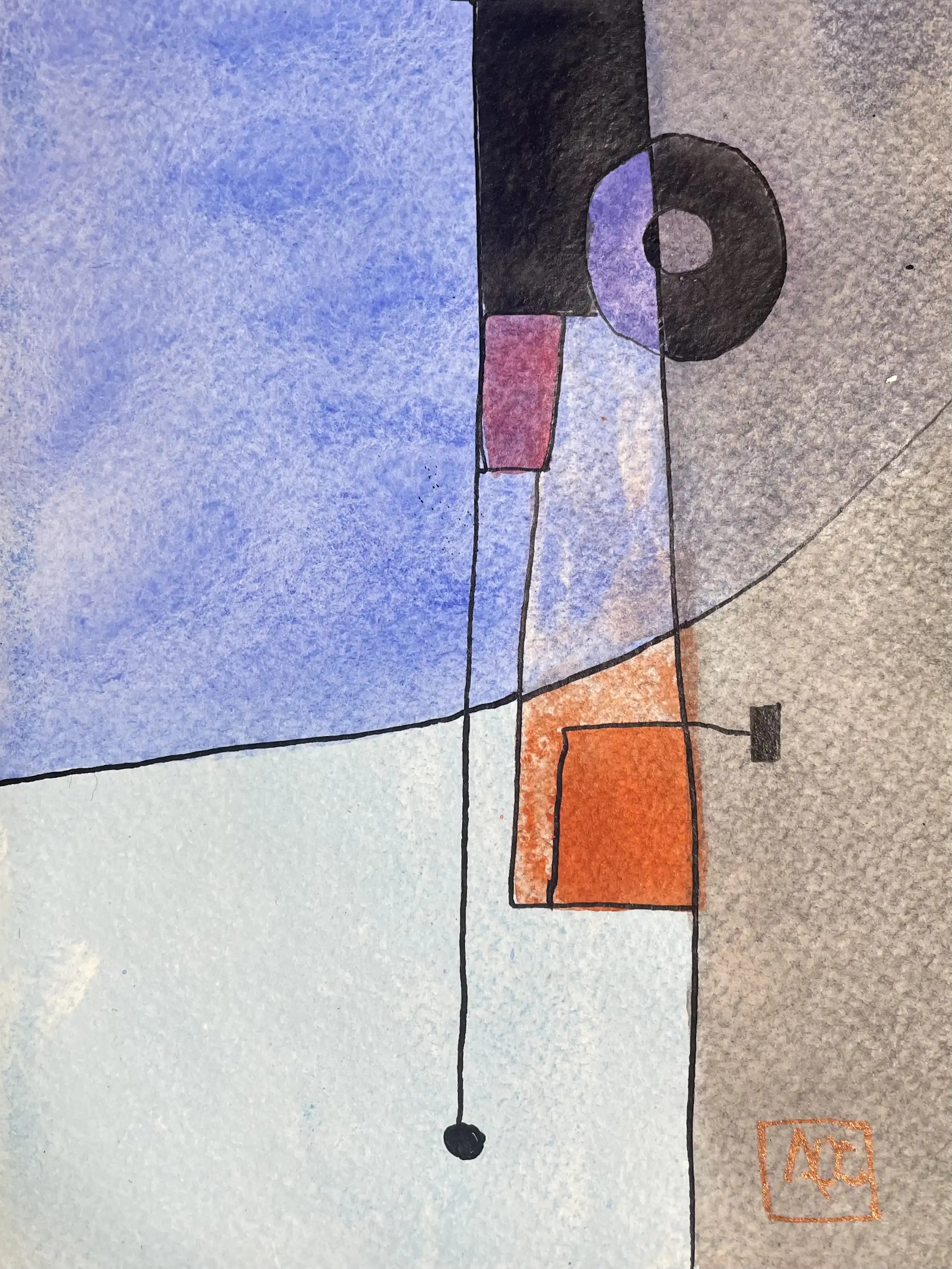 F Minor - Variation 16 by Arnaud Quercy at Art Quam Anima — Watercolor Painting on Paper, Watercolor with pale gray background, violet and orange geometric forms, dark accents in abstract arrangement