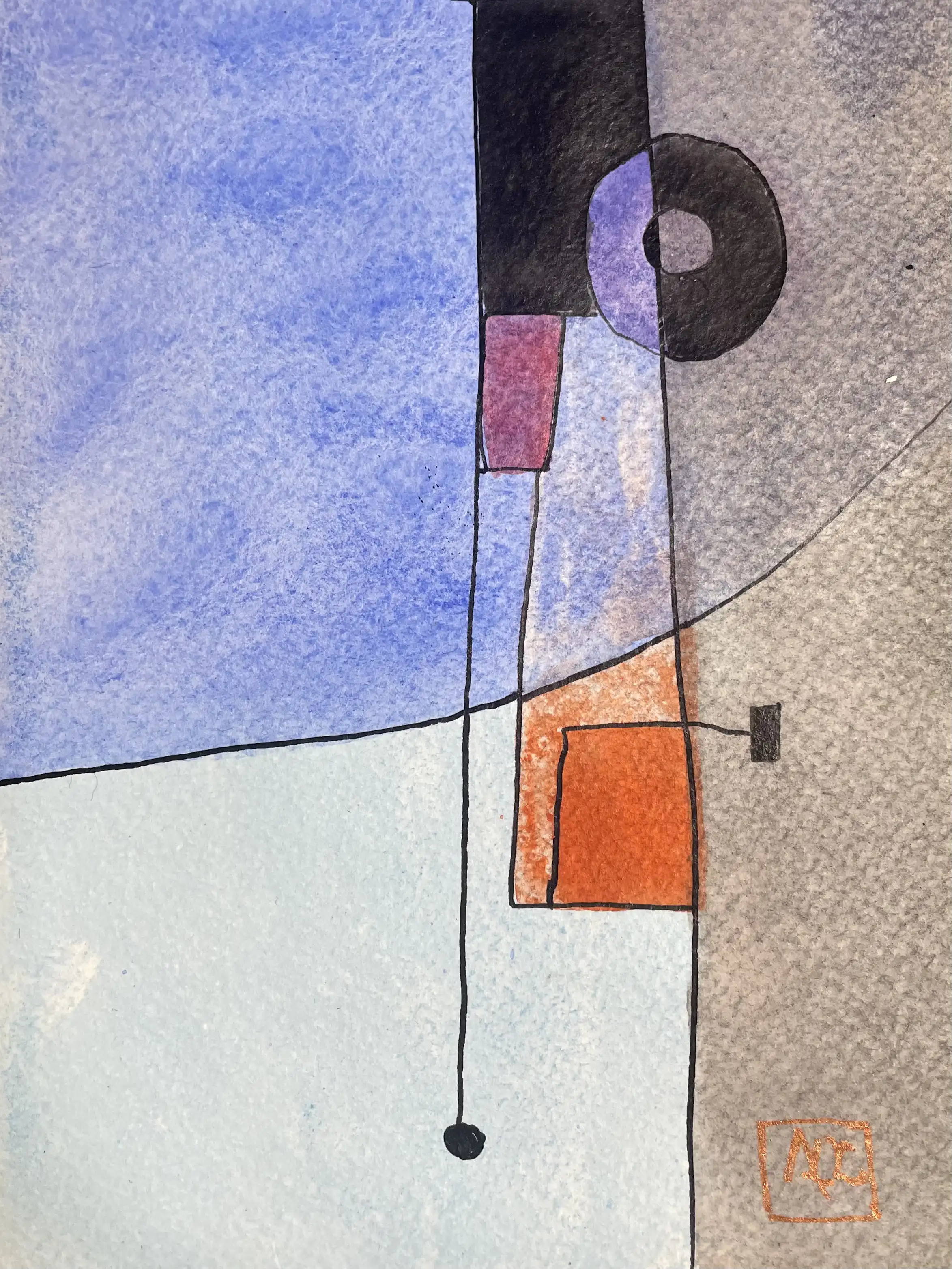 Watercolor with pale gray background, violet and orange geometric forms, dark accents in abstract arrangement