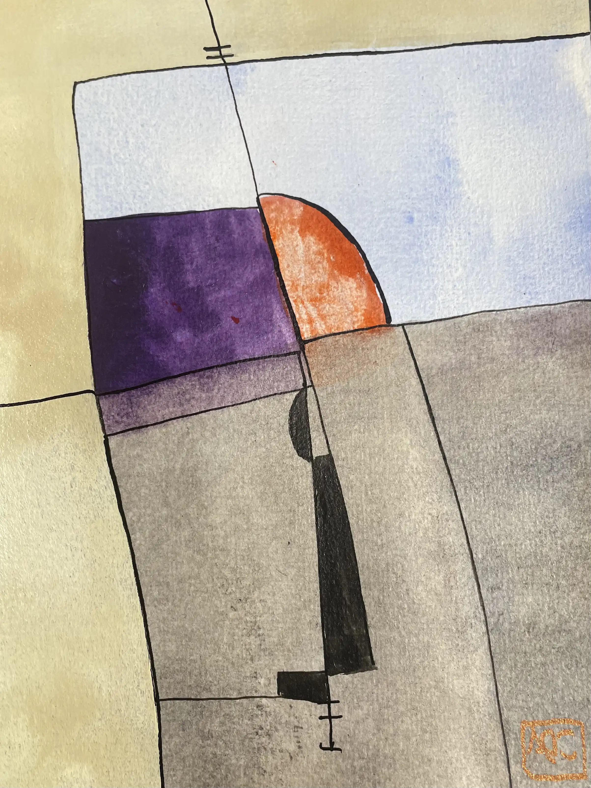 Watercolor with yellow-orange geometric forms, red-orange accent, and blue-violet areas divided by black linear elements