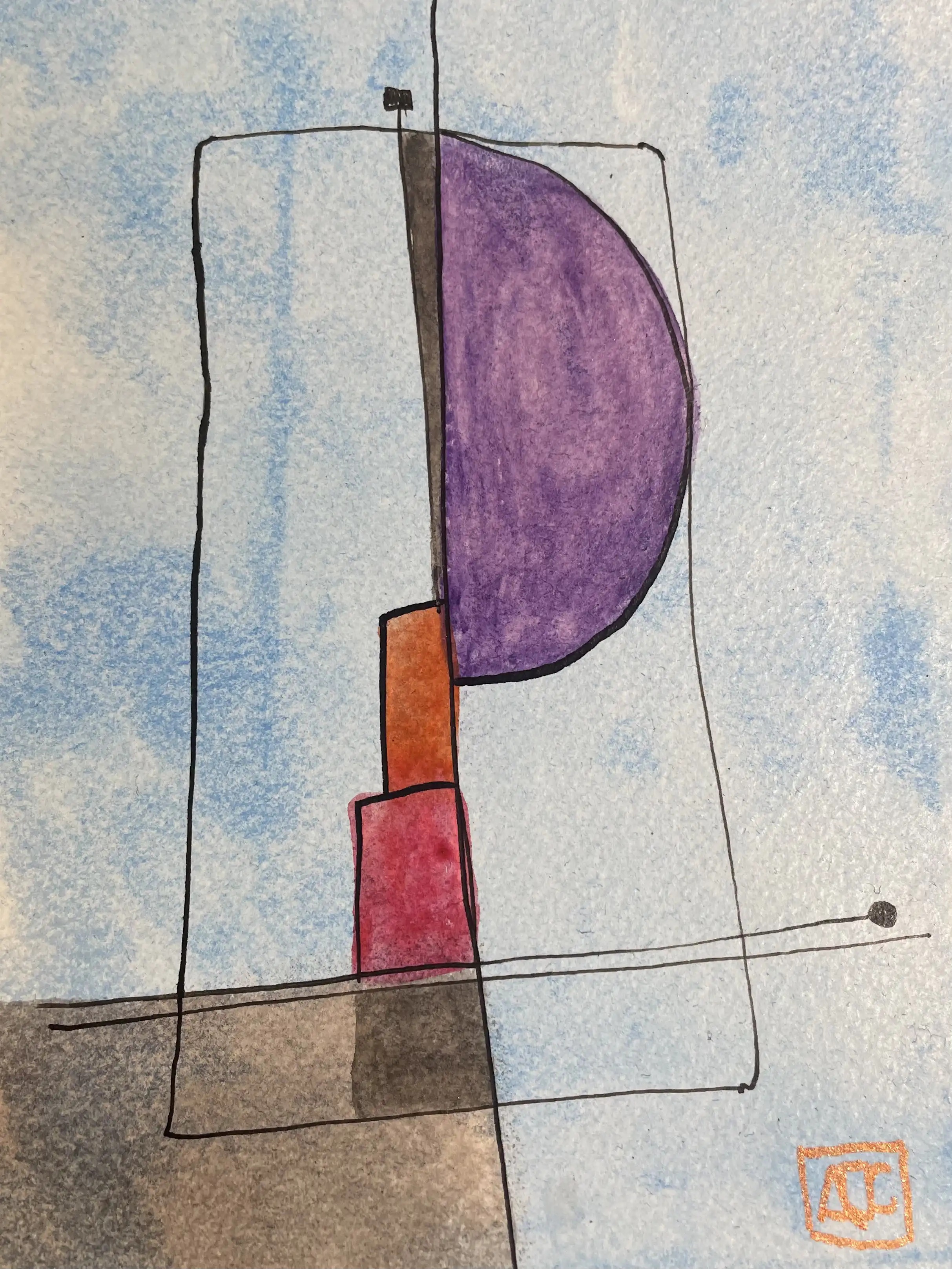 F Minor - Variation 18 by Arnaud Quercy at Art Quam Anima — Watercolor Painting on Paper, Geometric watercolor translating F minor chord: red-purple, blue, red zones with muted tonal transitions