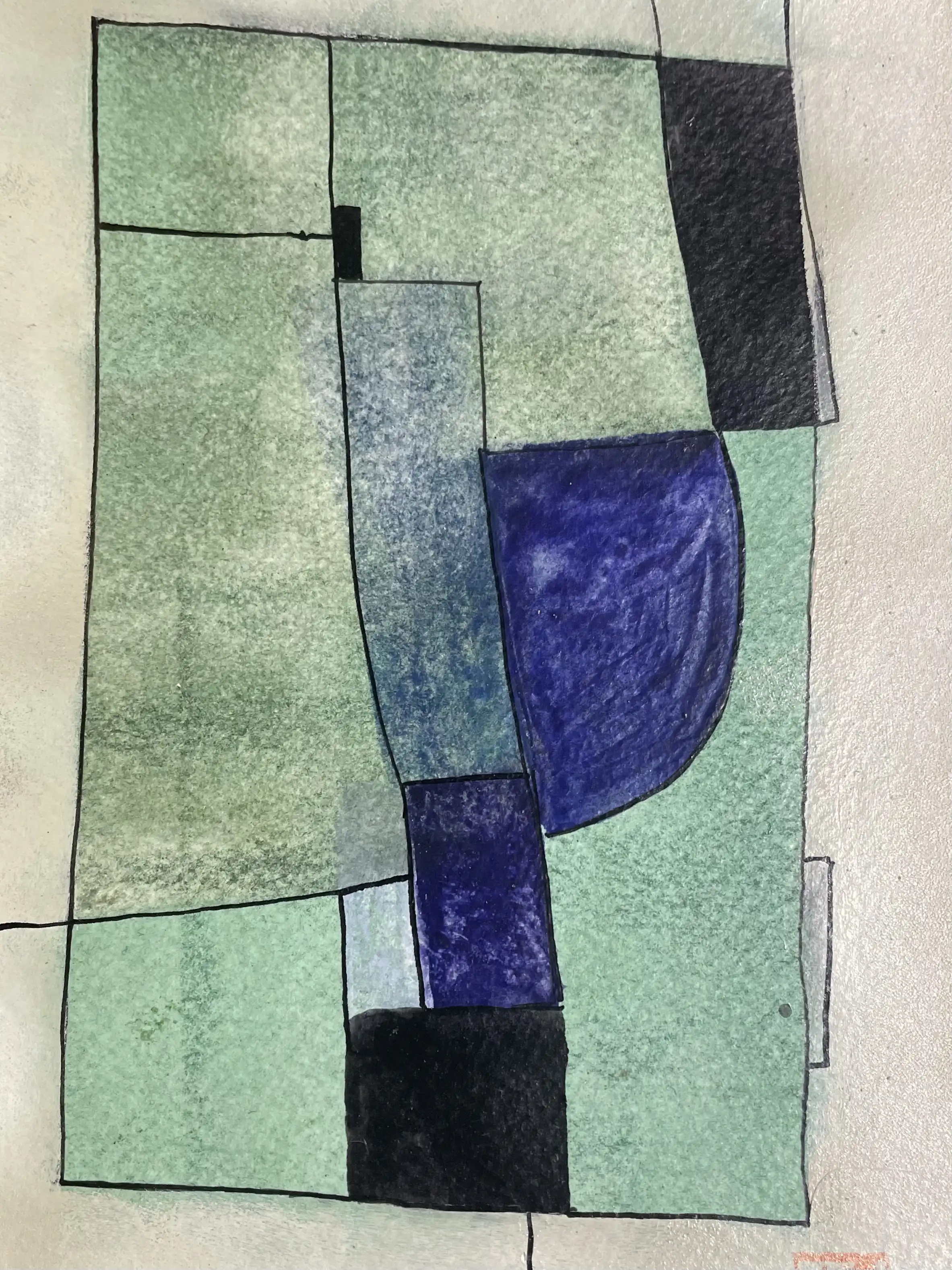 Fa dièse Majeur - Variation 3 par Arnaud Quercy chez Art Quam Anima — aquarelle sur papier, Composition aquarelle : formes géométriques jaune-vert avec accents violets et détails beiges en arrangement structuré