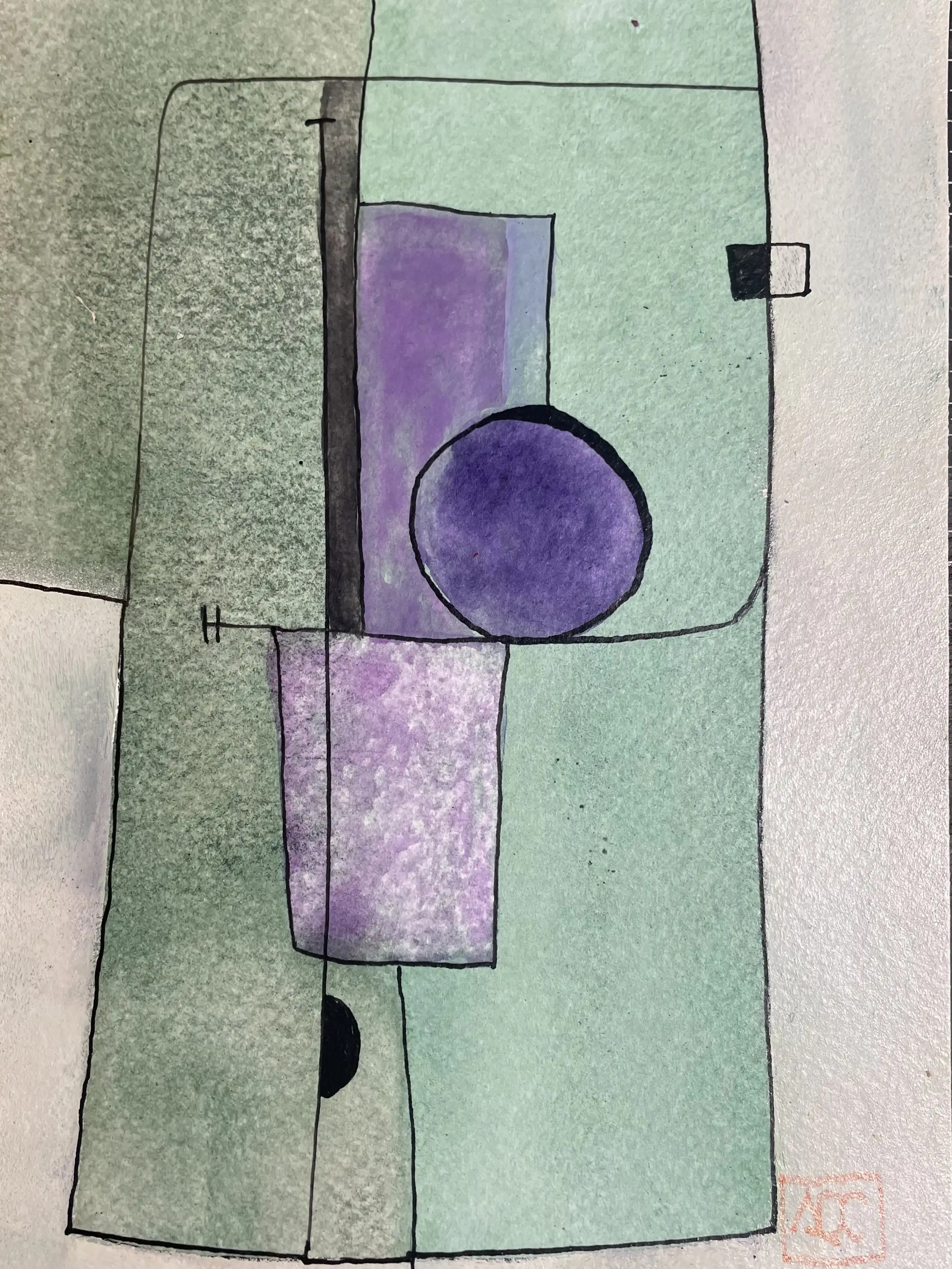 Fa dièse Majeur - Variation 4 par Arnaud Quercy chez Art Quam Anima — aquarelle sur papier, Aquarelle avec formes géométriques jaune-vert et accents violets, traduisant l'accord de Fa dièse Majeur en composition visuelle
