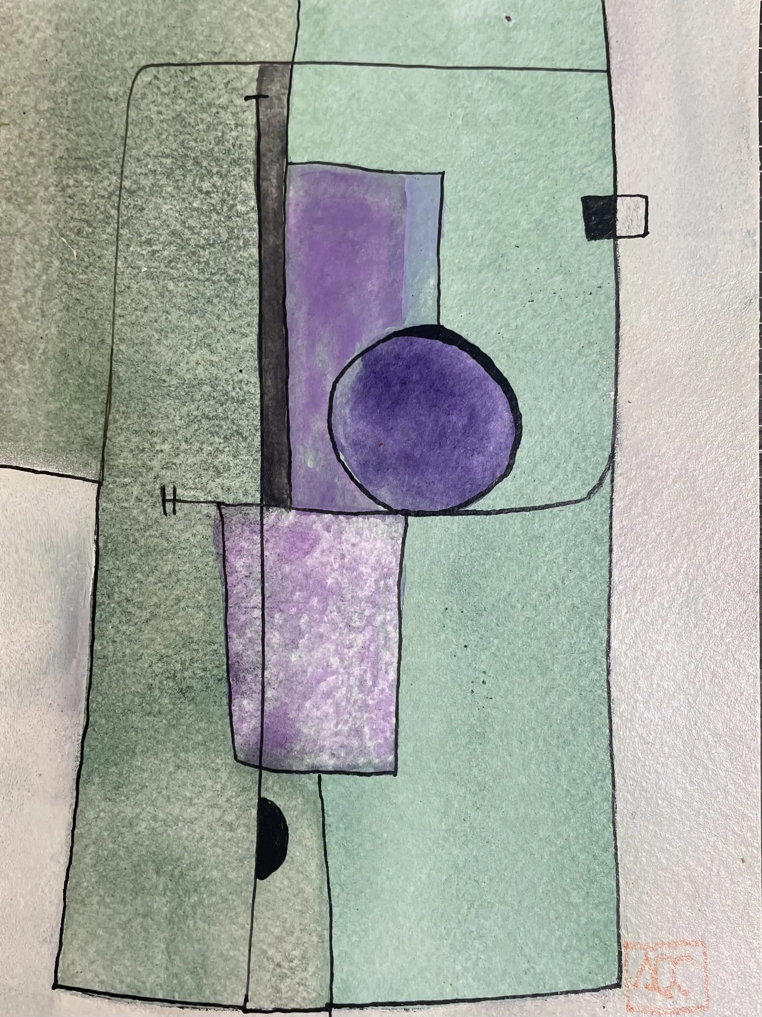 Aquarelle avec formes géométriques jaune-vert et accents violets, traduisant l'accord de Fa dièse Majeur en composition visuelle