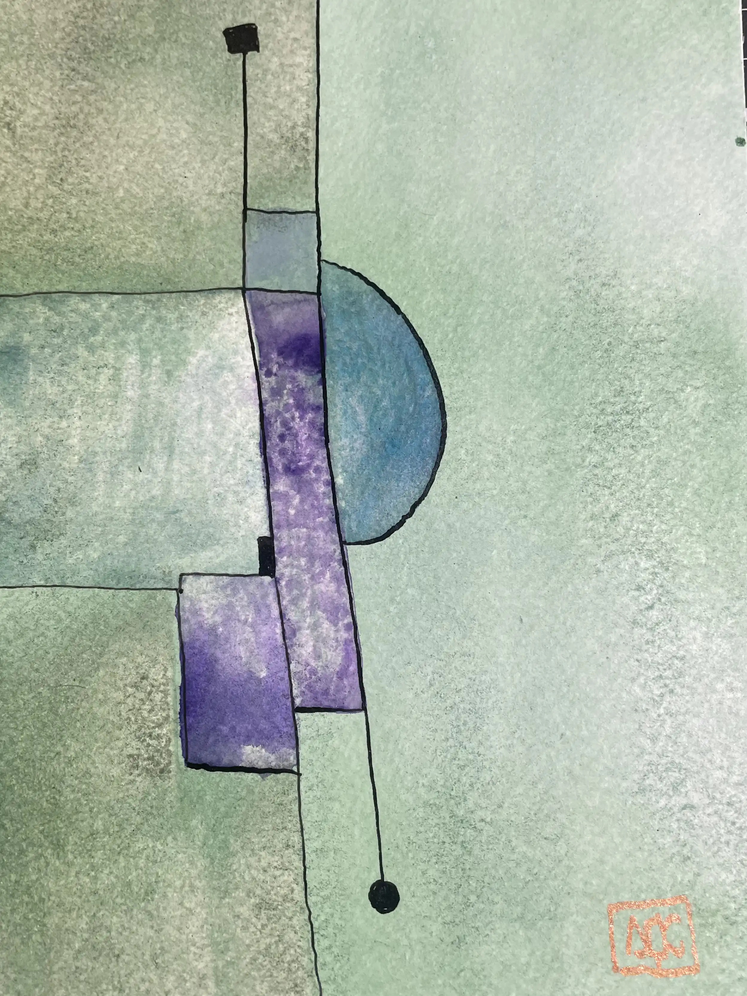 Fa dièse Majeur - Variation 5 par Arnaud Quercy chez Art Quam Anima — aquarelle sur papier, Aquarelle avec fond jaune-vert, rectangles violets et demi-cercle bleu créant une composition géométrique