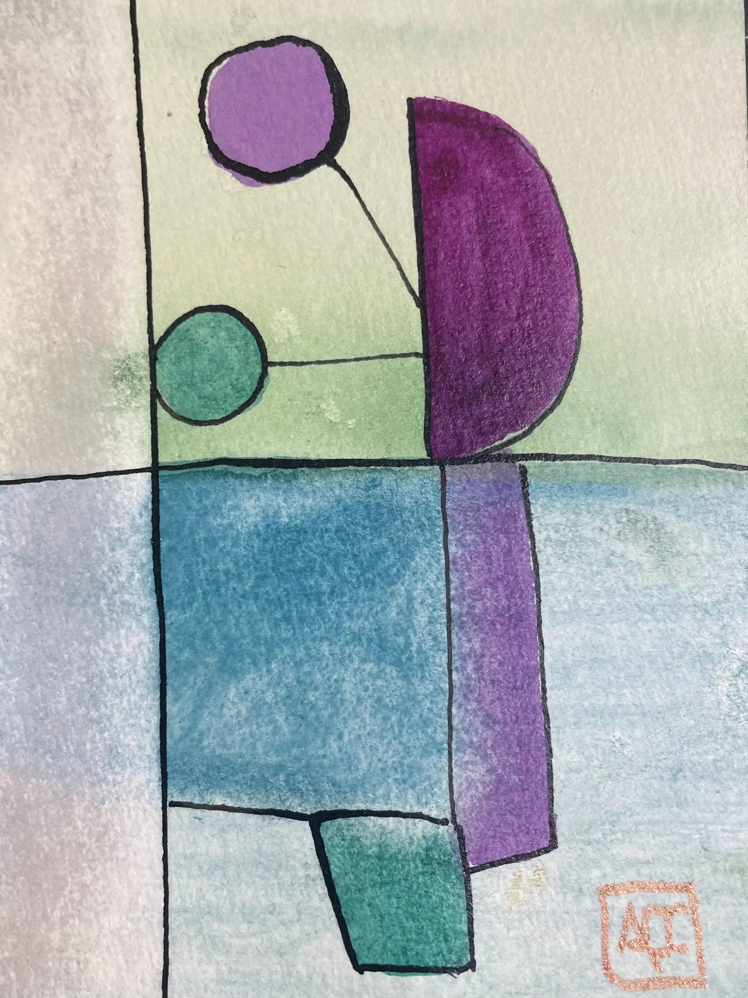 Fa dièse Majeur - Variation 6 par Arnaud Quercy chez Art Quam Anima — aquarelle sur papier, Peinture à l'aquarelle avec formes géométriques vertes, violettes et bleu-violet traduisant l'accord de Fa dièse Majeur en forme visuelle