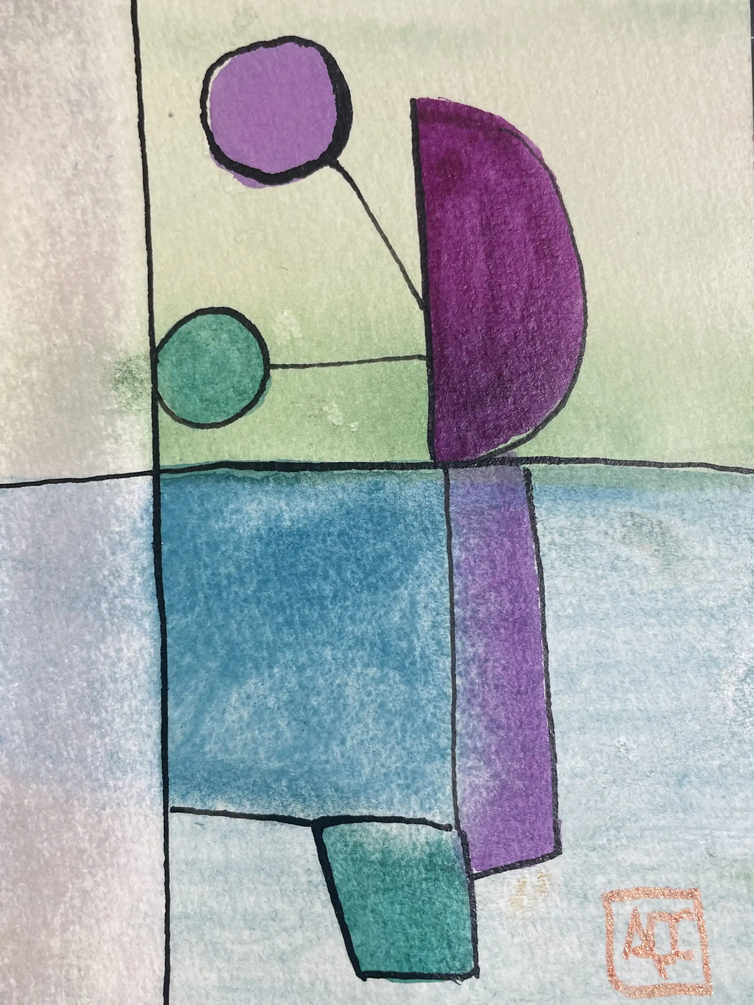 Peinture à l'aquarelle avec formes géométriques vertes, violettes et bleu-violet traduisant l'accord de Fa dièse Majeur en forme visuelle