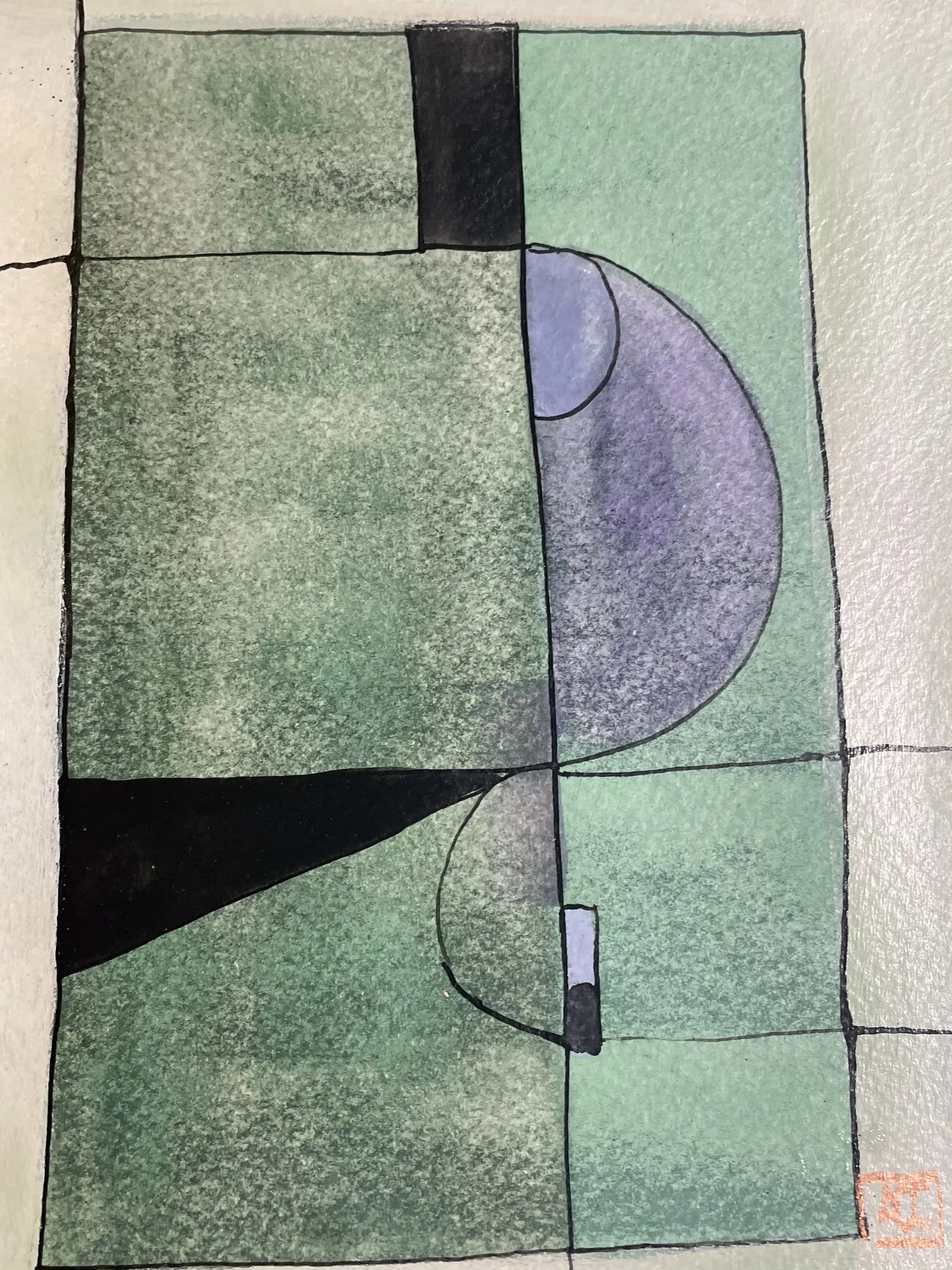 Fa dièse Mineur - Variation 5 par Arnaud Quercy chez Art Quam Anima — aquarelle sur papier, Aquarelle géométrique avec rectangles jaune-vert, demi-cercle violet, et éléments triangulaires noirs en composition de grille