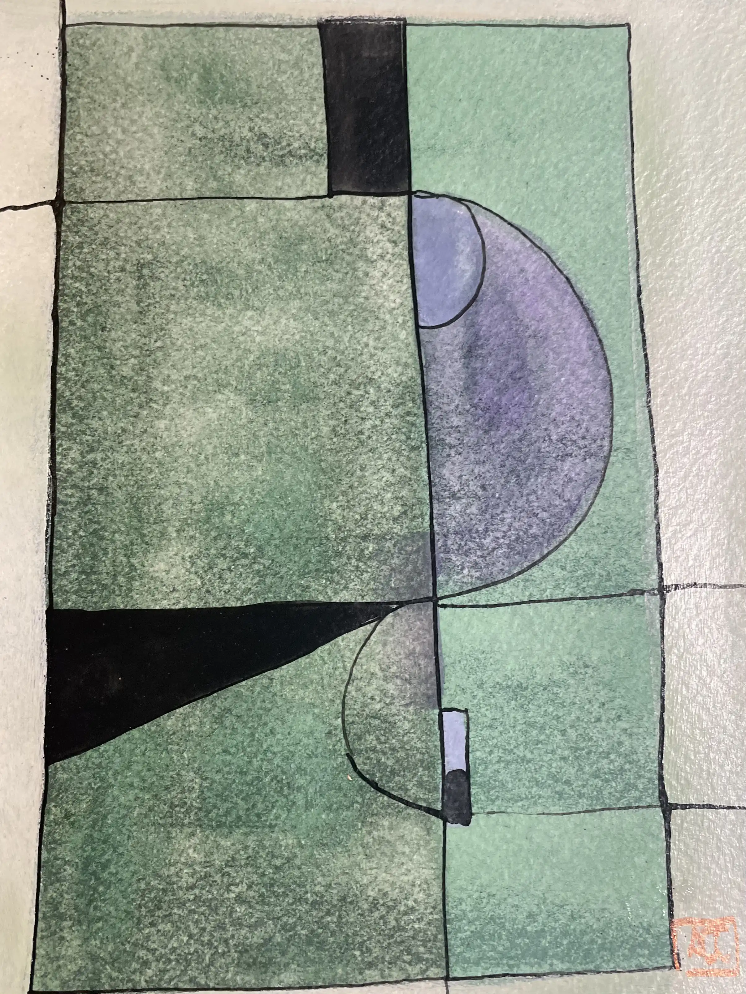 Aquarelle géométrique avec rectangles jaune-vert, demi-cercle violet, et éléments triangulaires noirs en composition de grille