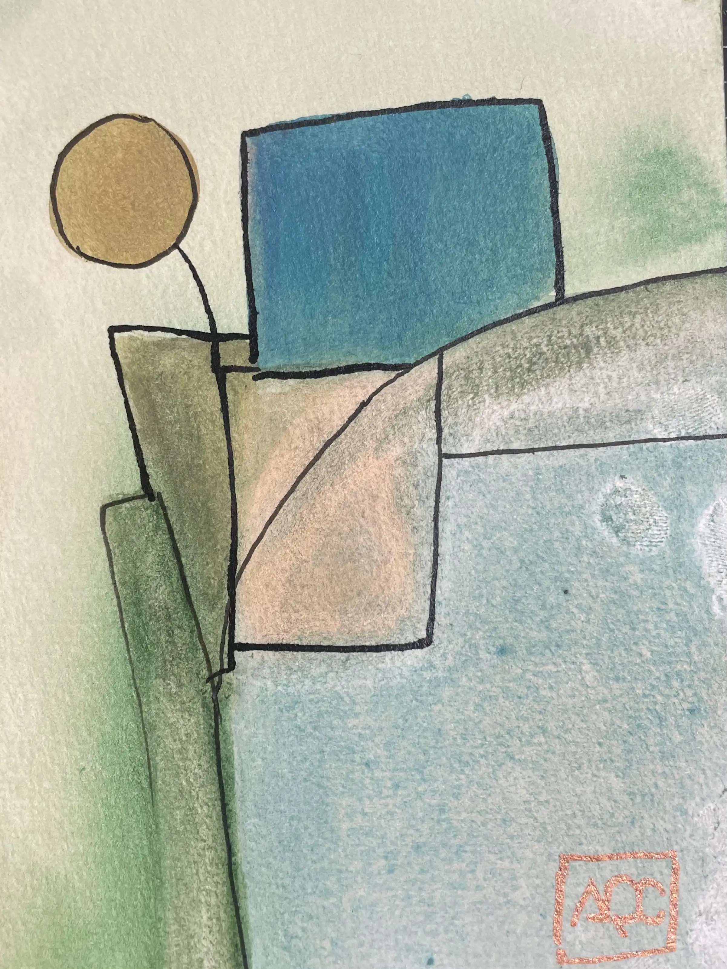 Fa dièse Mineur - Variation 6 par Arnaud Quercy chez Art Quam Anima — aquarelle sur papier, Peinture aquarelle avec formes géométriques jaune-vert, vert, et bleu-vert traduisant l'accord de Fa dièse mineur en harmonie visuelle