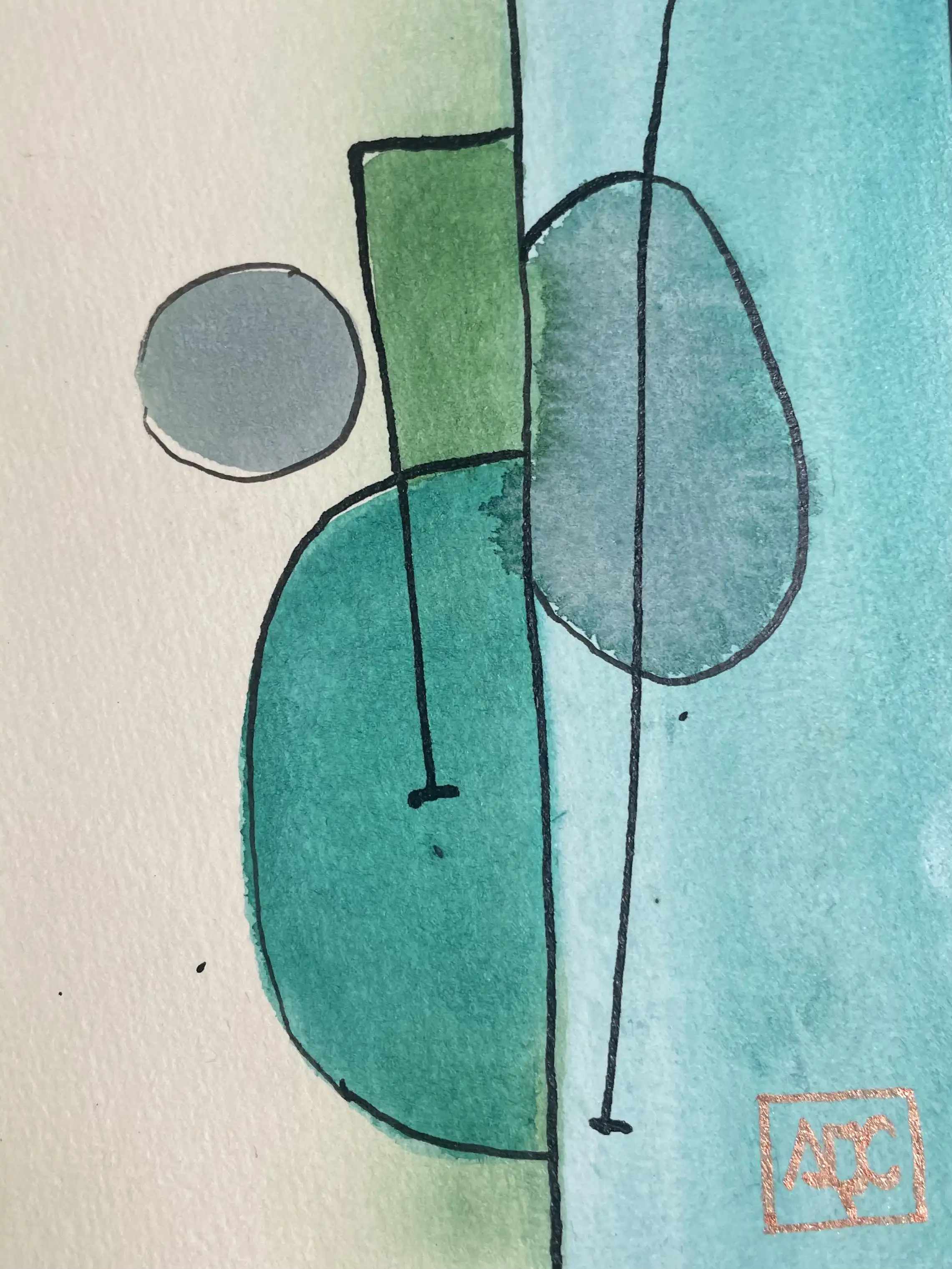 Peinture aquarelle avec des formes géométriques en tons jaune-orange, bleu-vert et verts délimitées par des lignes sombres