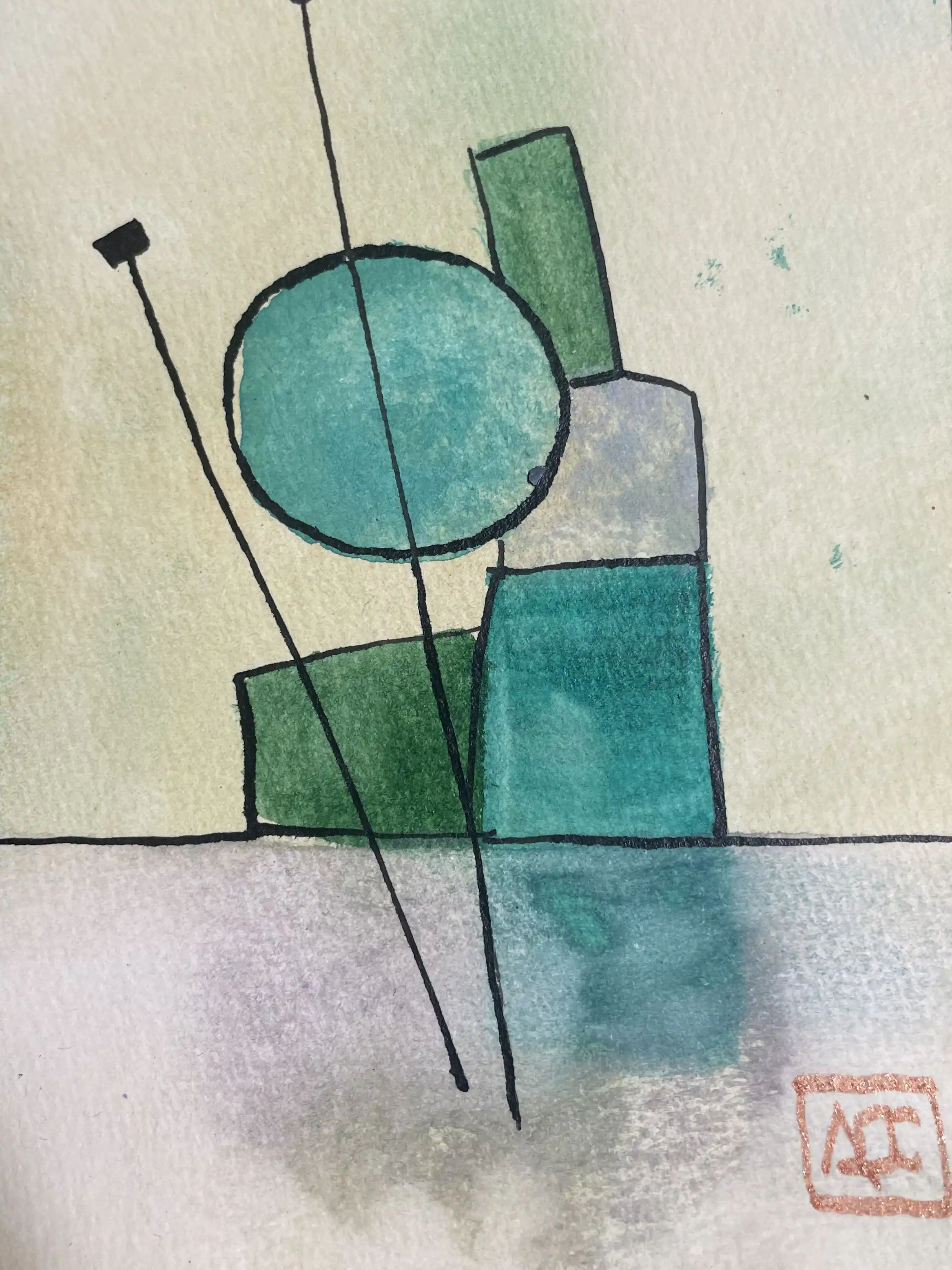 Peinture à l'aquarelle avec des tons jaunes, blancs et verts arrangés en formes géométriques avec des accents bleu-vert