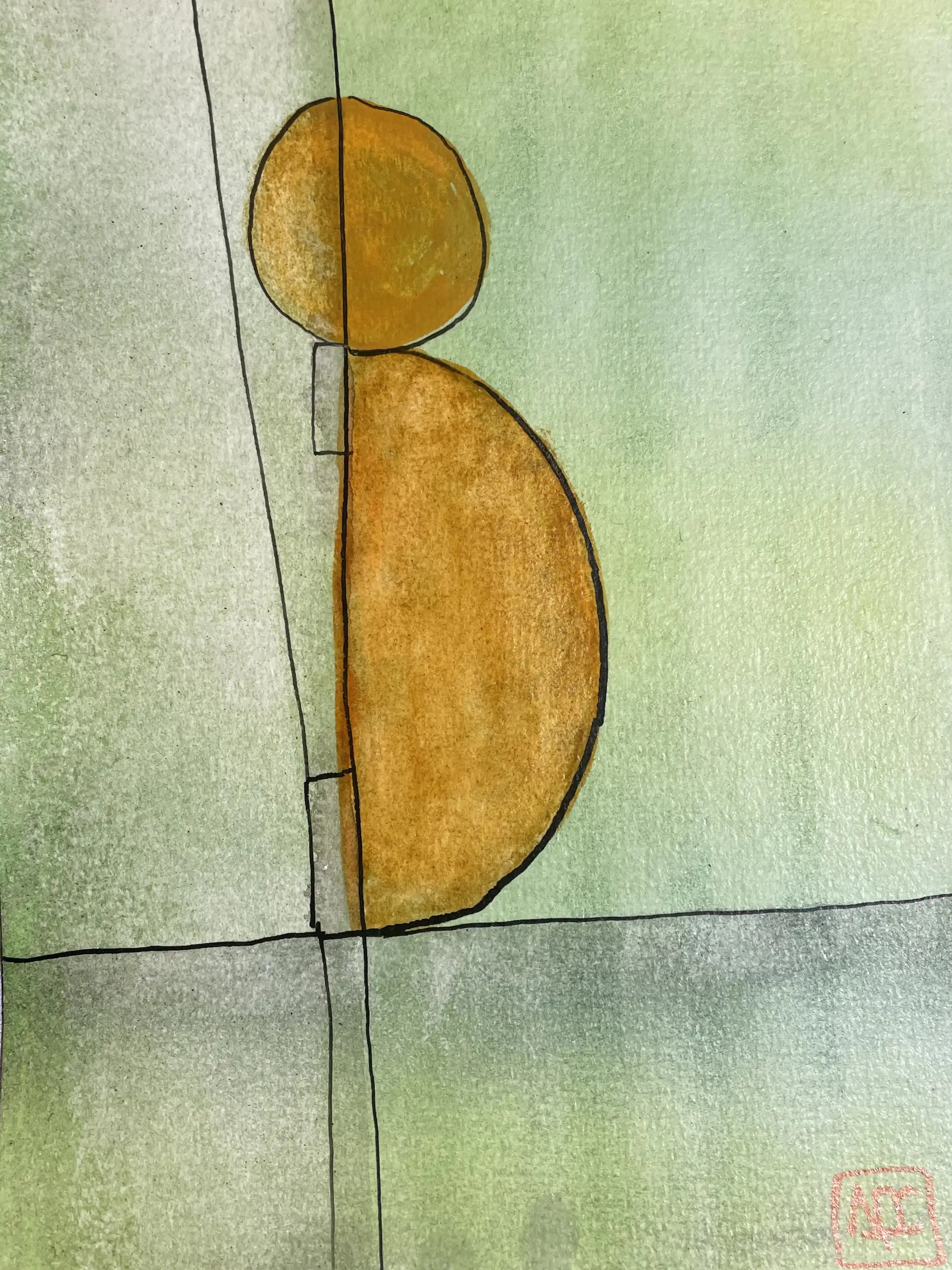 G Major - Variation 4 by Arnaud Quercy at Art Quam Anima — Watercolor Painting on Paper, Watercolor with yellow-green geometric forms and orange accents arranged in circular and linear composition