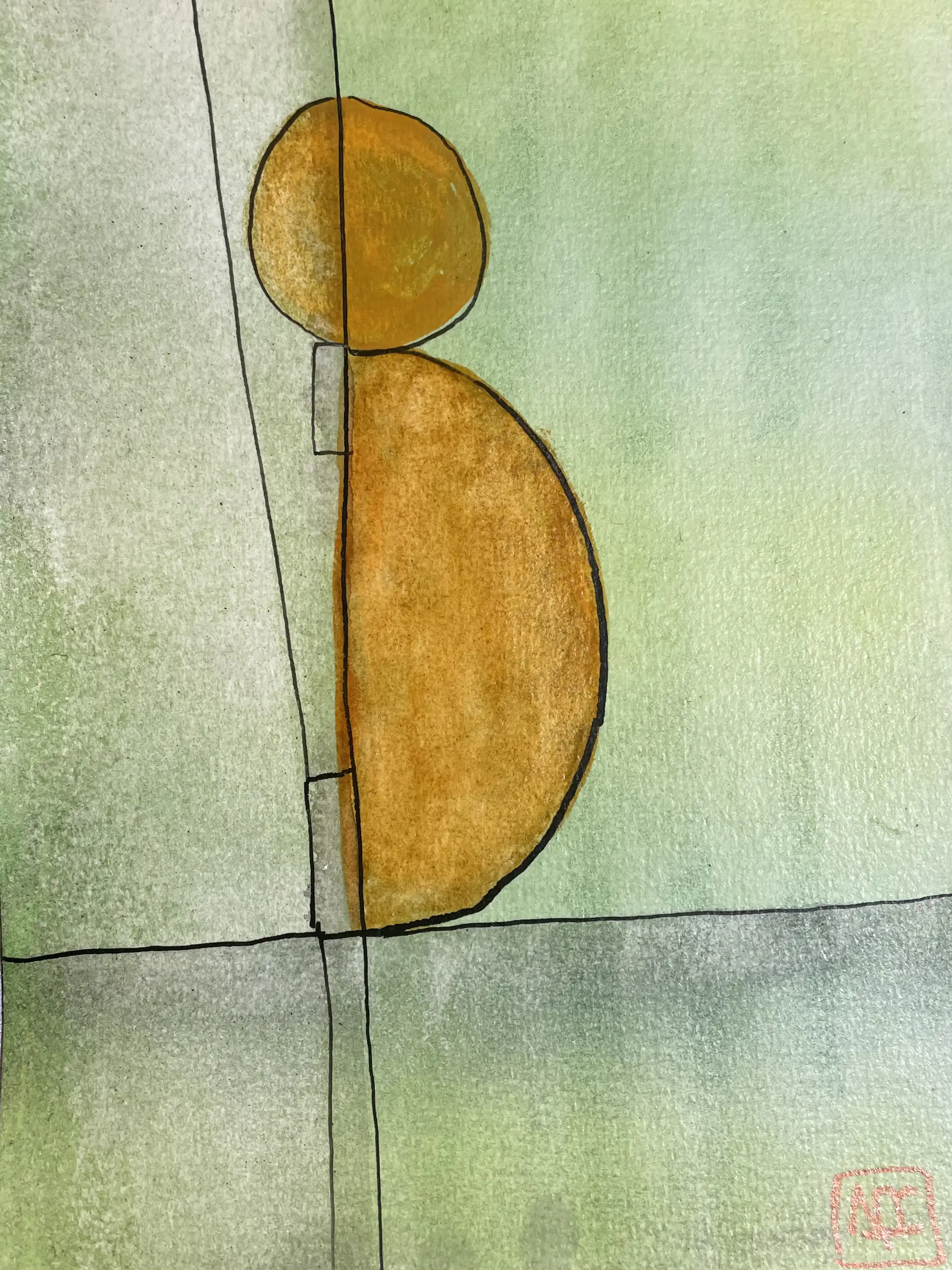 Watercolor with yellow-green geometric forms and orange accents arranged in circular and linear composition