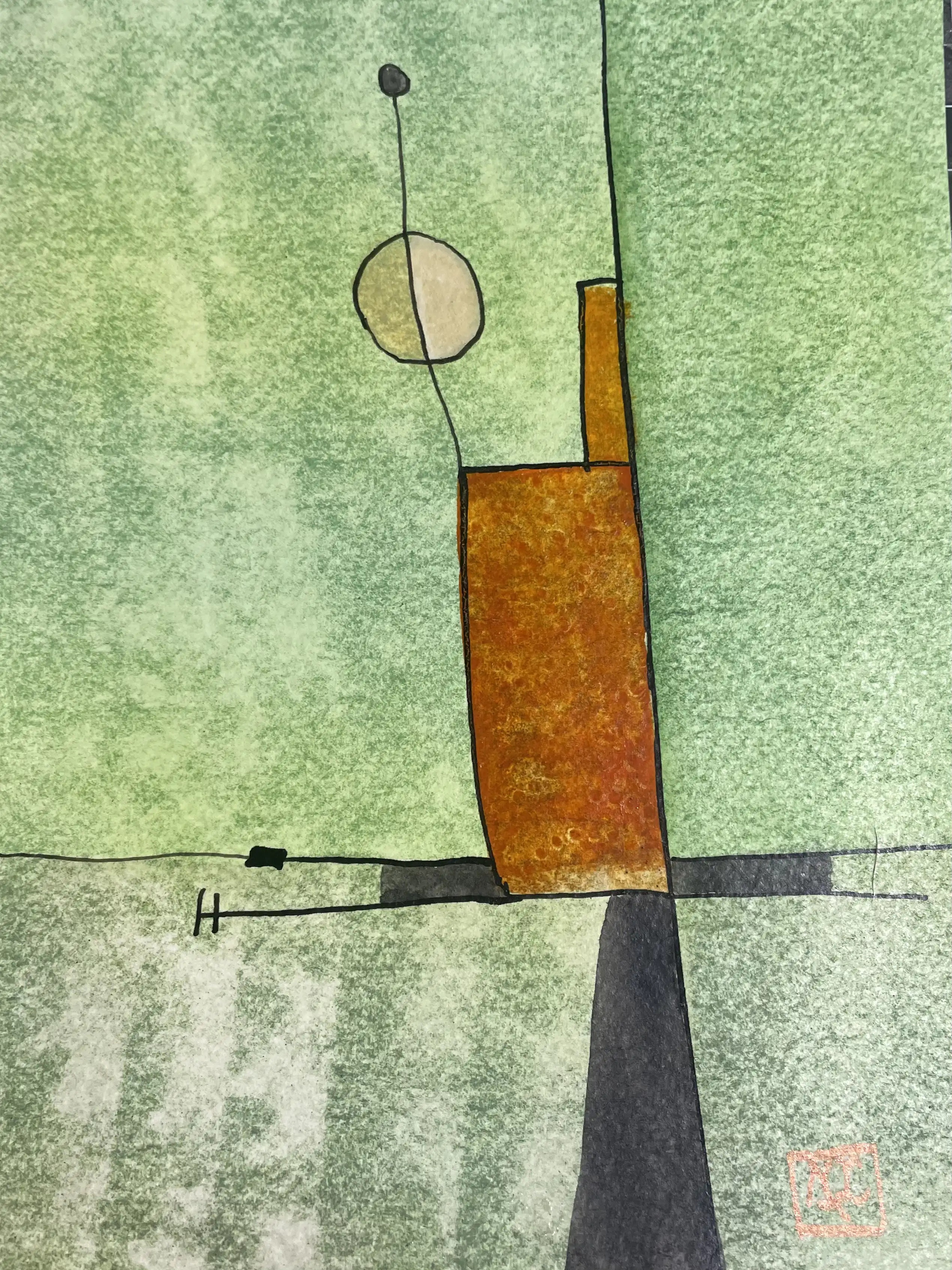 G Major - Variation 5 by Arnaud Quercy at Art Quam Anima — Watercolor Painting on Paper, Watercolor with yellow-green background and orange geometric forms creating harmonic color relationships