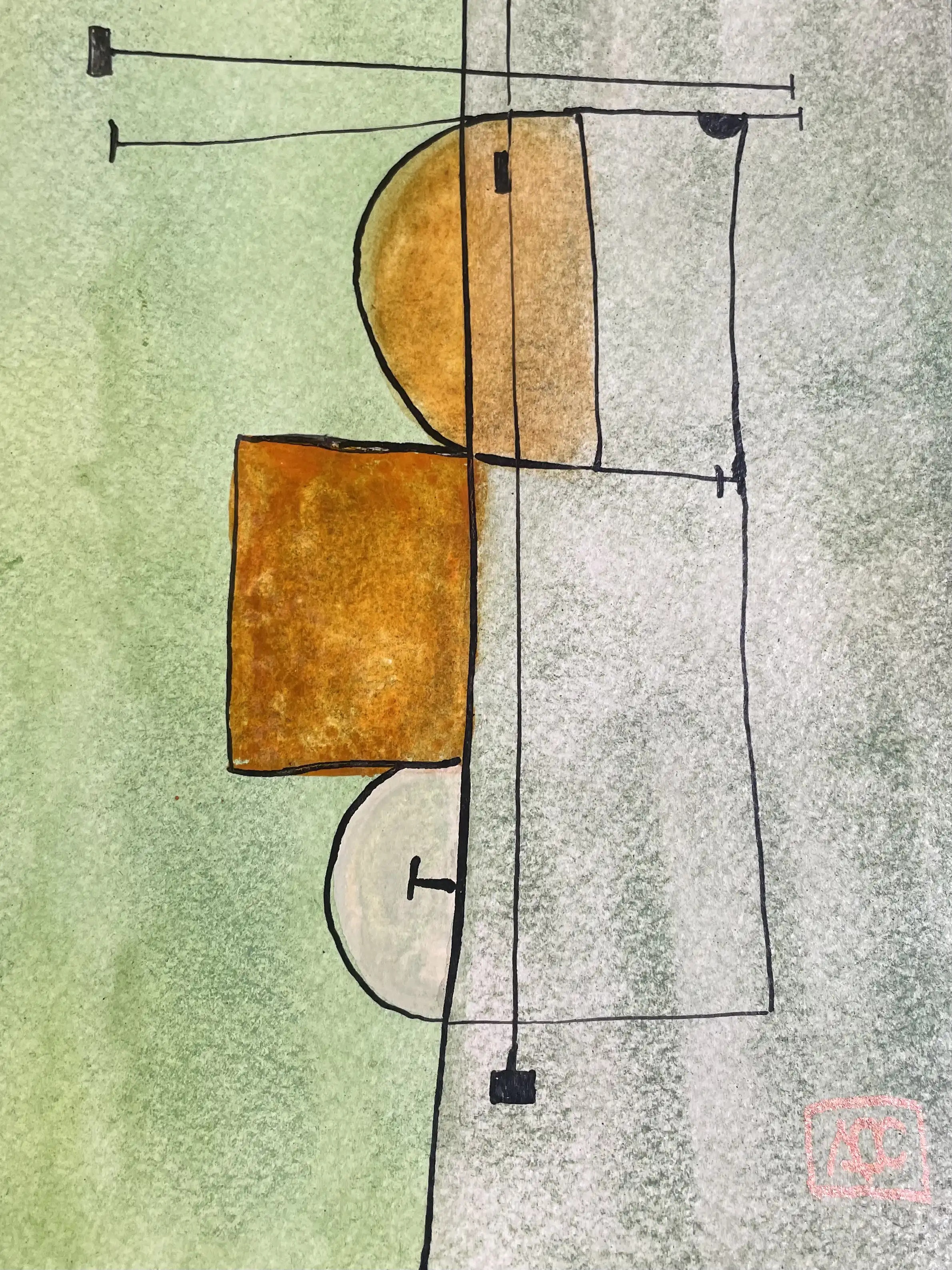 G Major - Variation 6 by Arnaud Quercy at Art Quam Anima — Watercolor Painting on Paper, Watercolor with yellow-green washes, silver areas, orange accents, and black linear elements in geometric arrangement