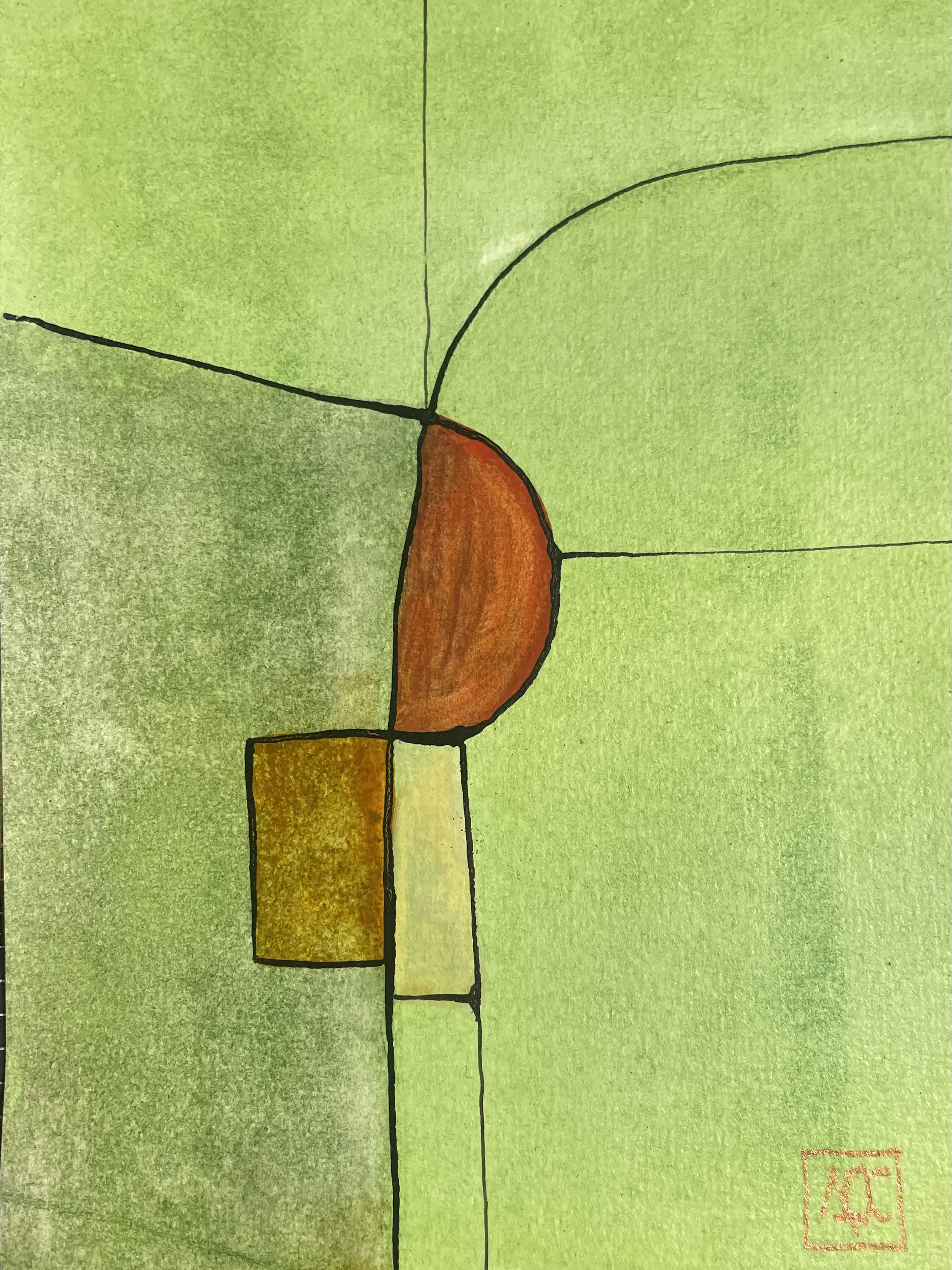 Watercolor painting with yellow-green background, orange geometric forms, and curved black lines creating musical structure