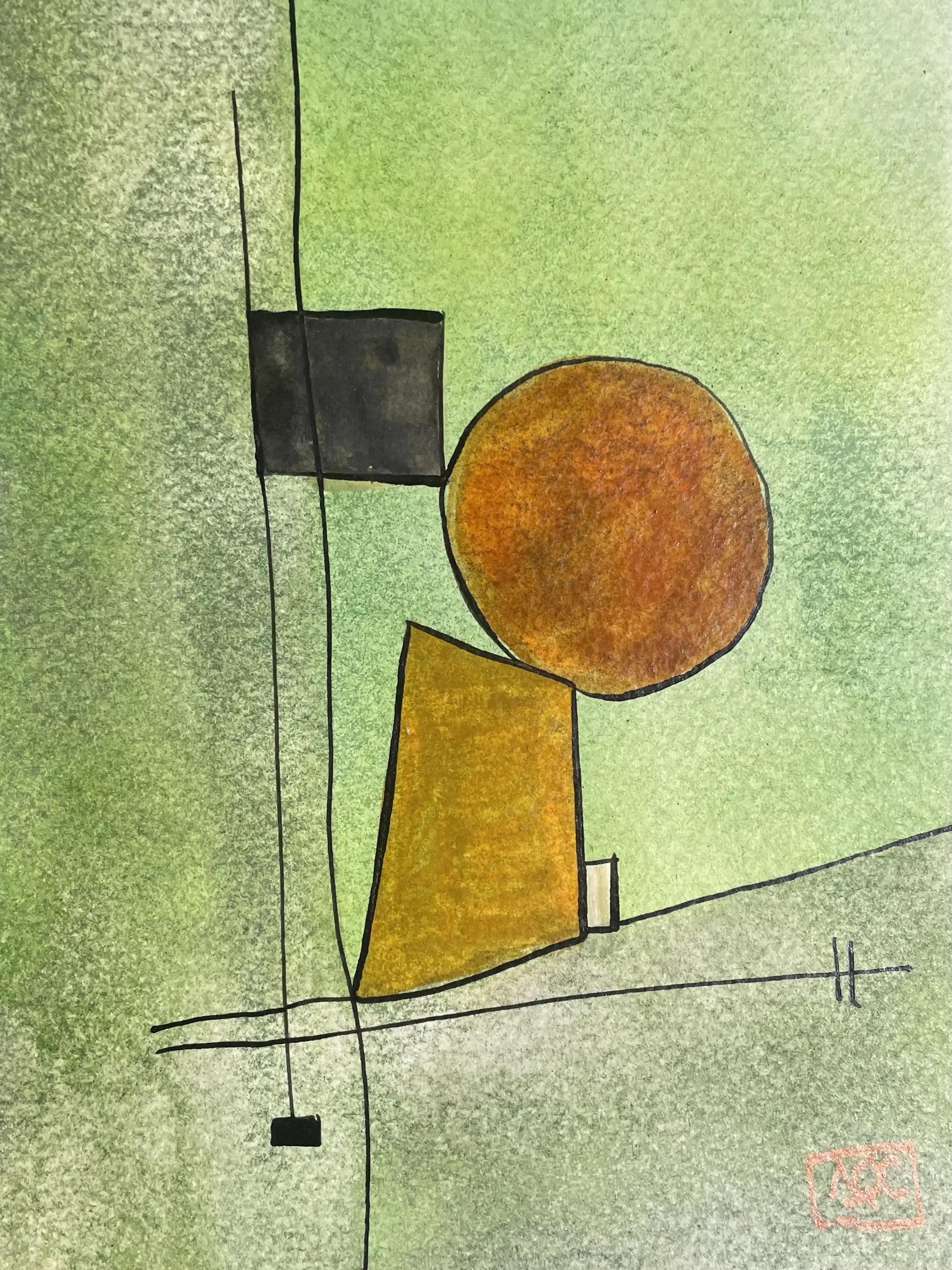 G Major - Variation 8 by Arnaud Quercy at Art Quam Anima — Watercolor Painting on Paper, Watercolor showing yellow-green geometric forms with orange accents arranged in vertical composition on light green ground