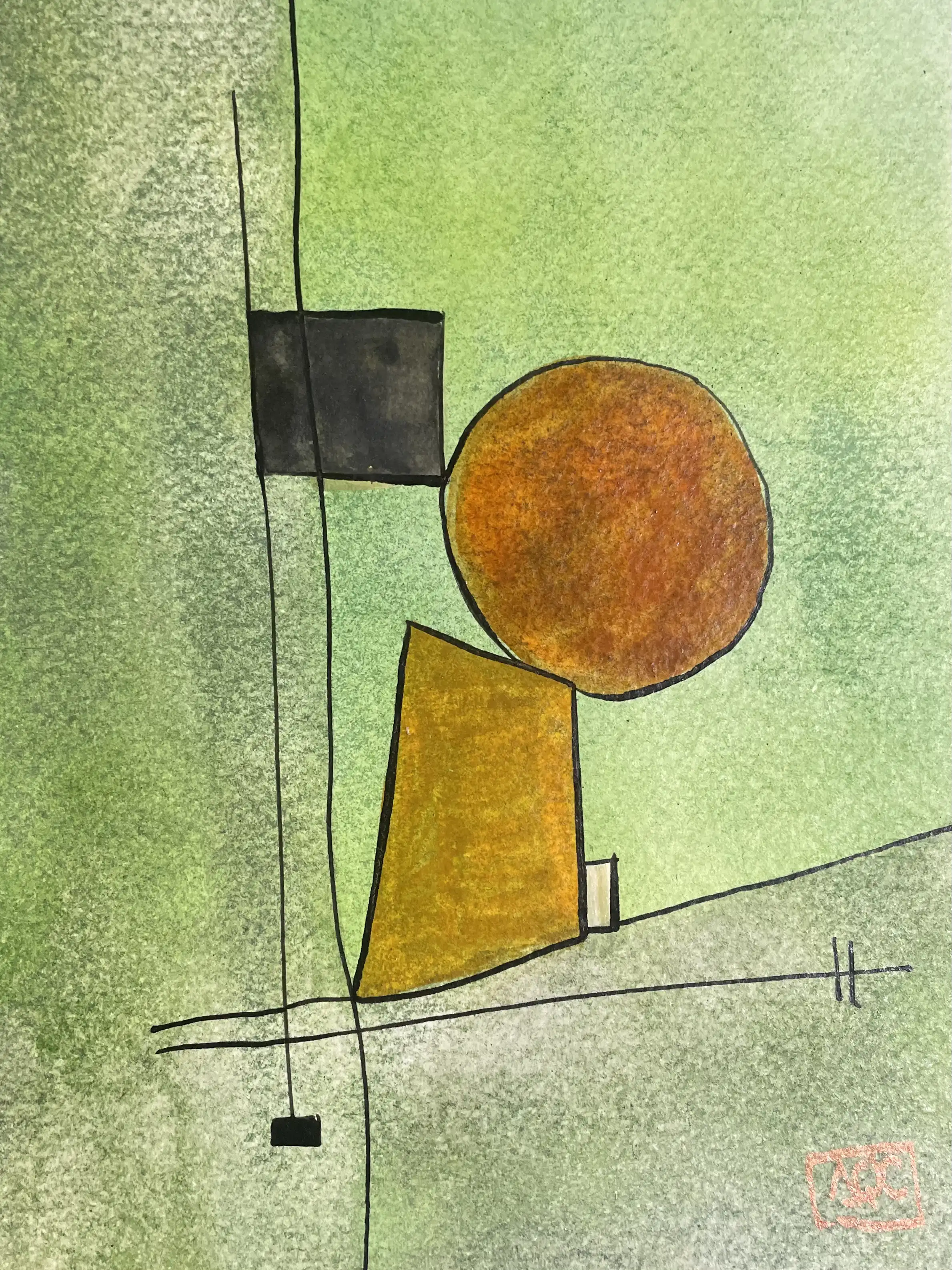 Aquarelle montrant des formes géométriques jaune-vert avec des accents orange arrangés en composition verticale sur fond vert clair