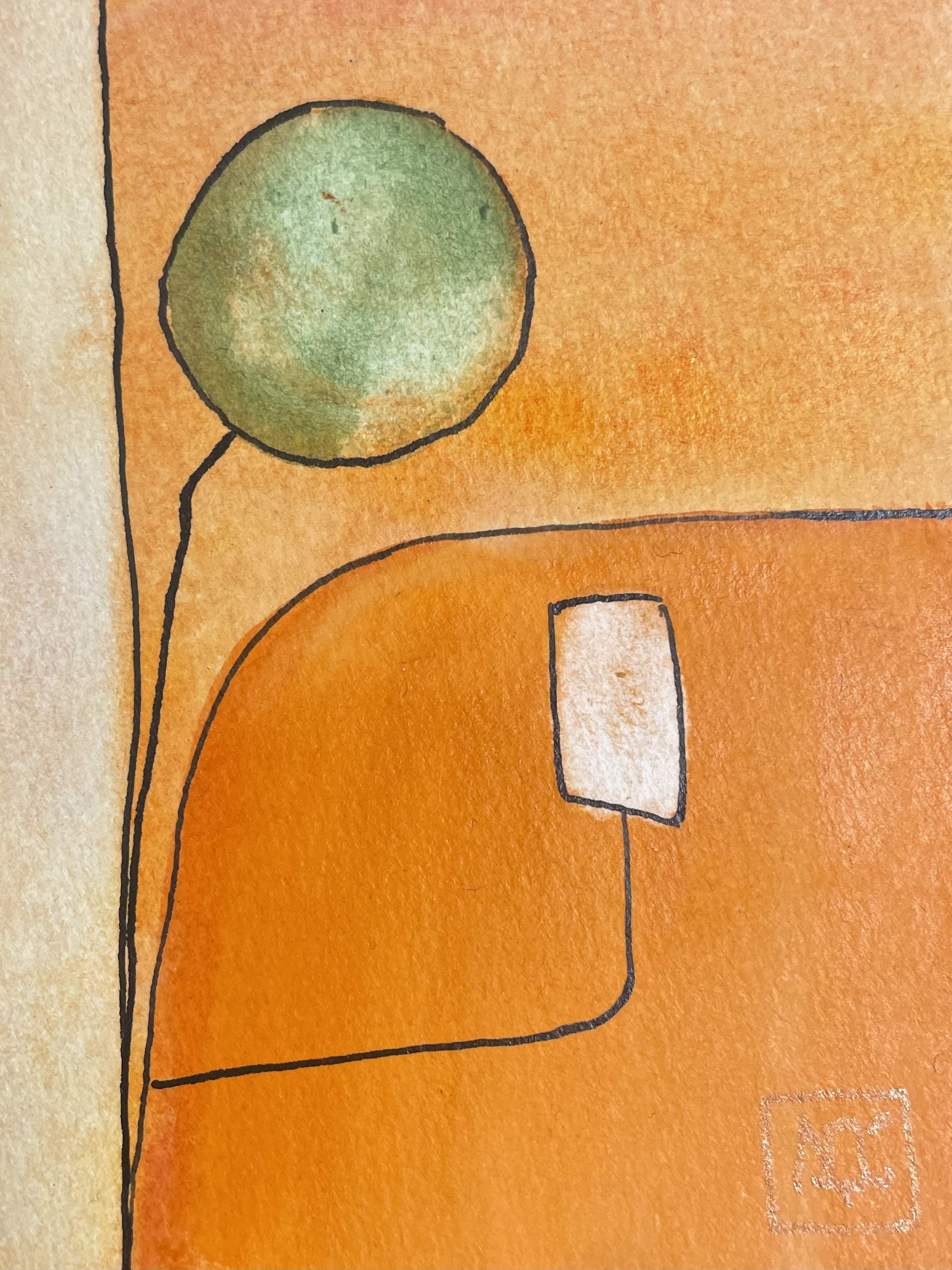 Watercolor painting with dominant orange and yellow-orange tones, scattered yellow-green areas, and black geometric forms