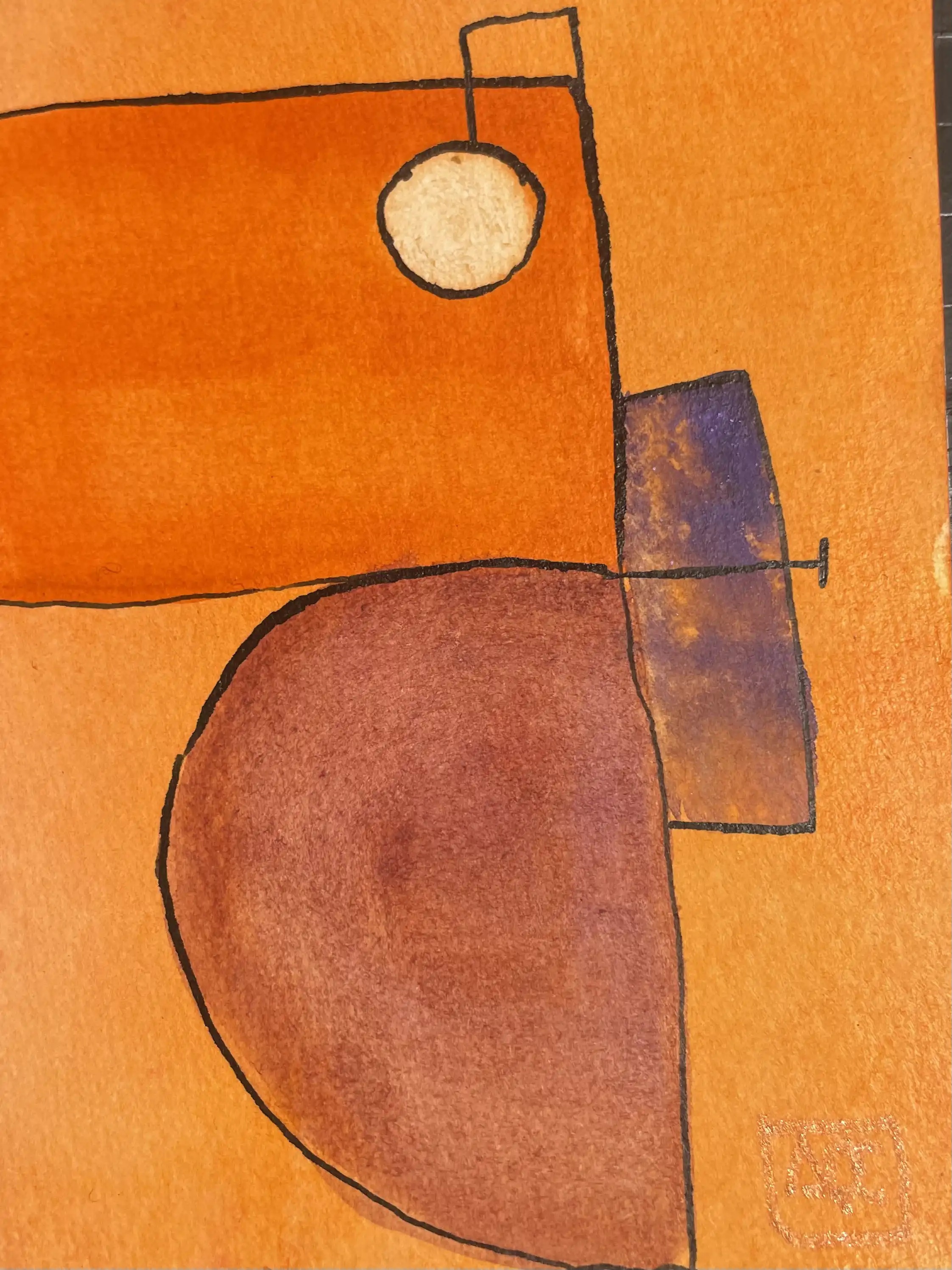 G Minor - Variation 10 by Arnaud Quercy at Art Quam Anima — Watercolor Painting on Wood Panel, Watercolor with orange geometric forms and violet accents: semicircle, rectangles, circle in warm color relationships
