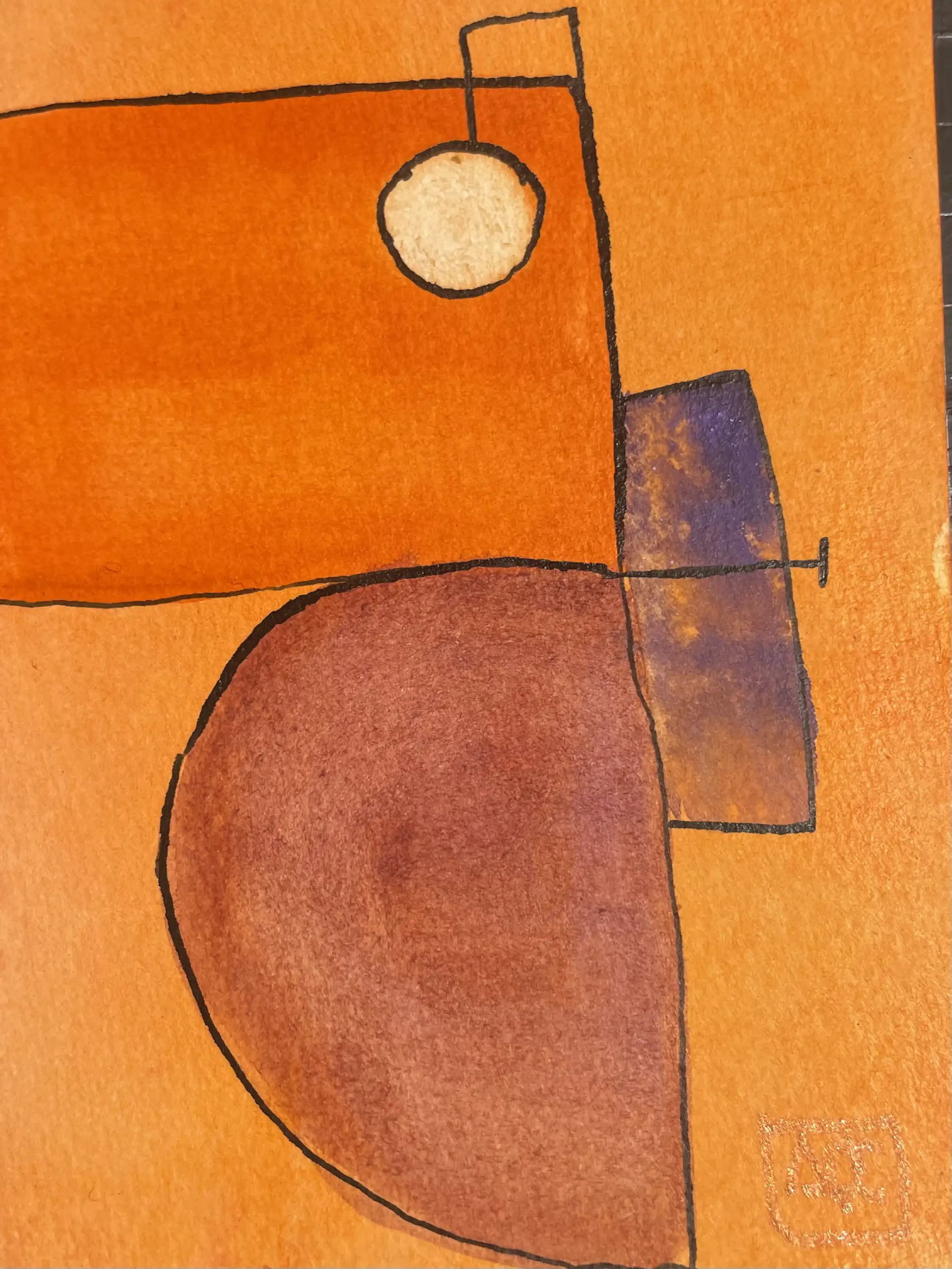 Aquarelle avec formes géométriques orange et accents violets : demi-cercle, rectangles, cercle dans des relations colorées chaudes