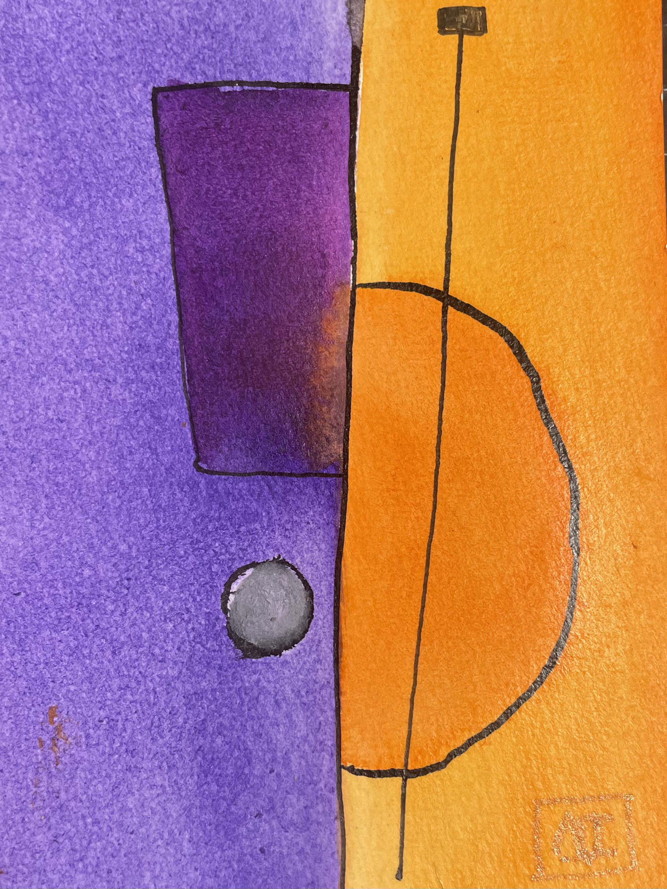 Peinture aquarelle traduisant l'accord Sol mineur : formes géométriques orange et violettes se mélangent sur papier en dix par quinze centimètres