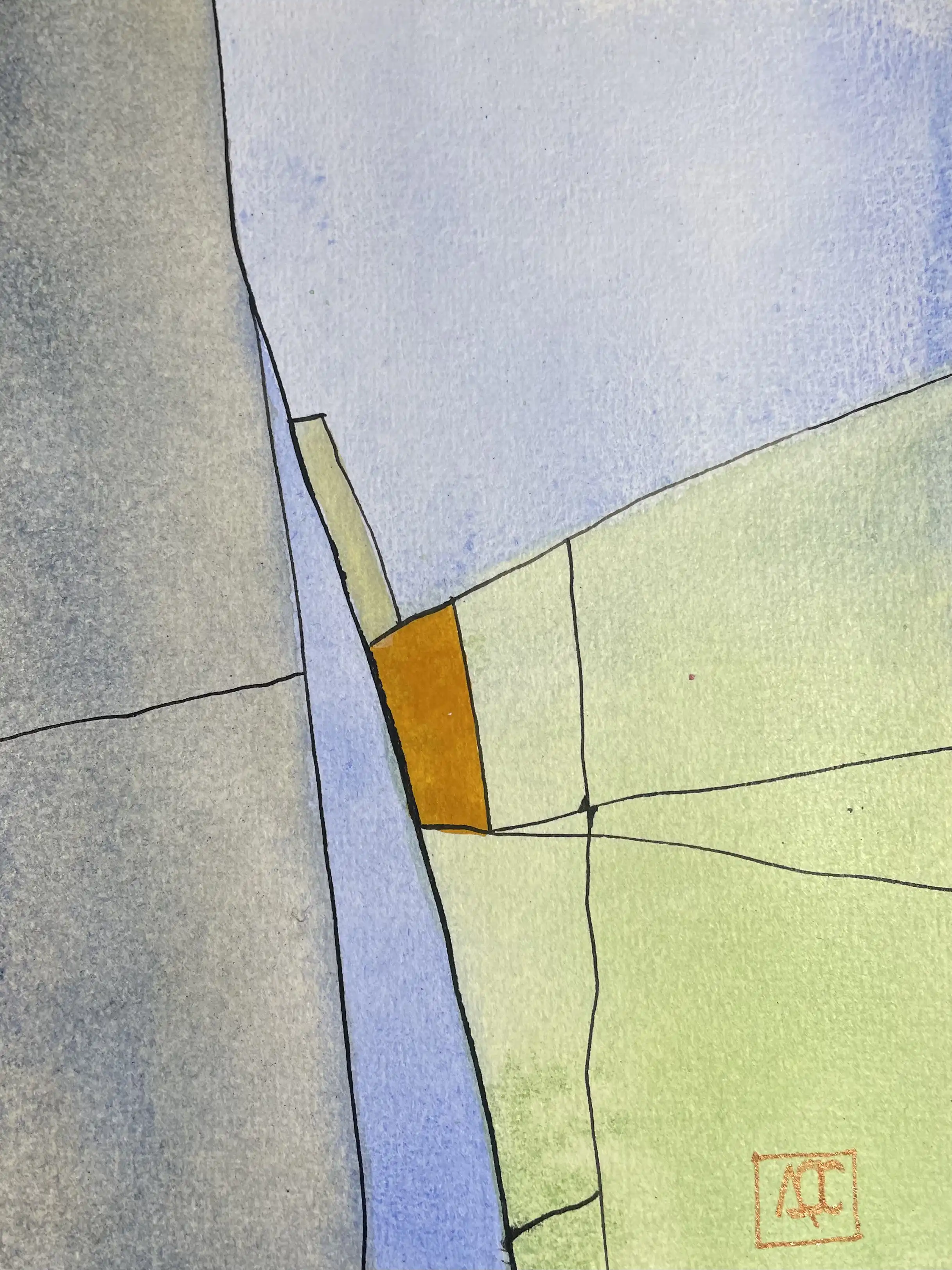 Composition aquarelle : zones jaune-vert et bleu-violet avec fondation grise et accent orange dans un arrangement géométrique