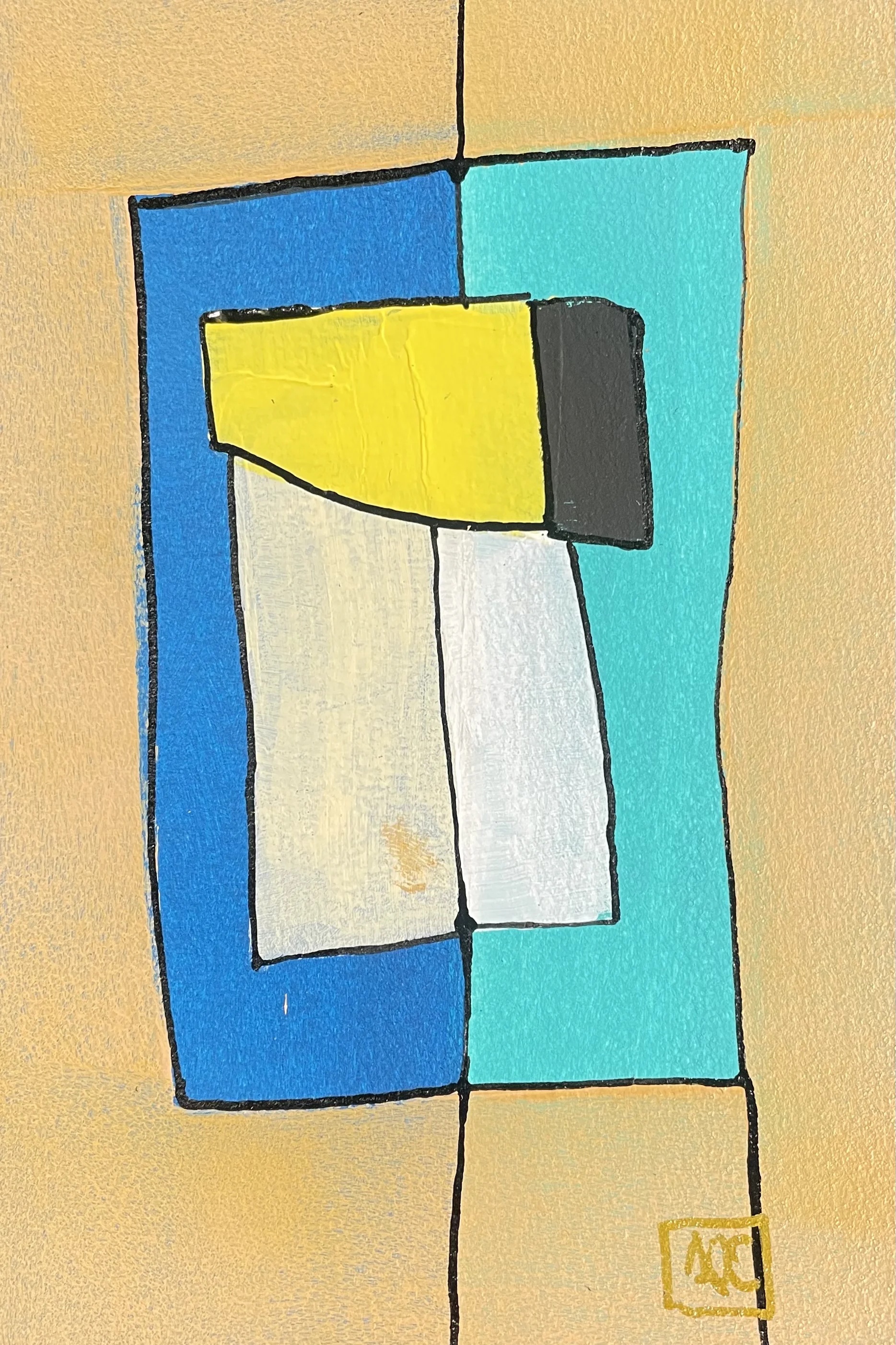La Majeur - Variations 8 par Arnaud Quercy chez Art Quam Anima — peinture acrylique sur papier, Peinture acrylique géométrique : rectangles jaune-orange et bleu-vert avec accents blancs dans une composition structurée