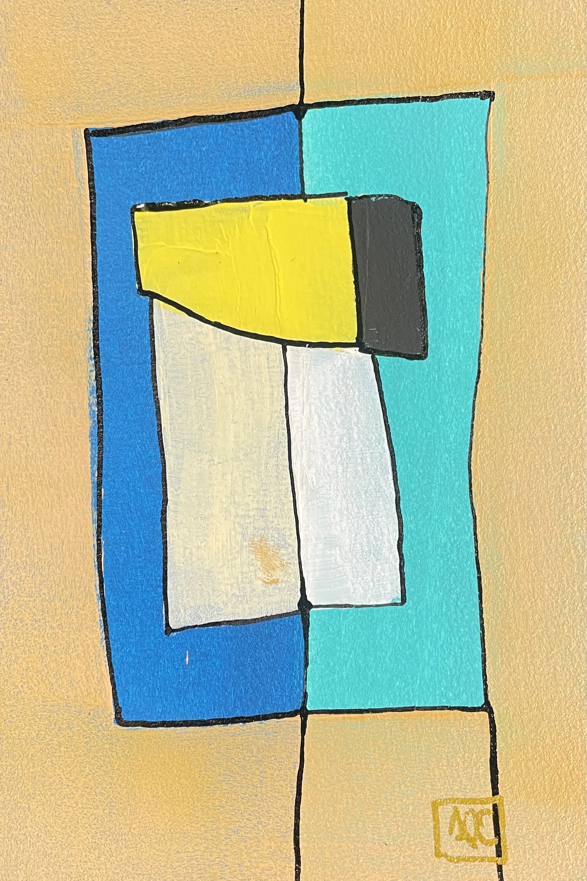 Peinture acrylique géométrique : rectangles jaune-orange et bleu-vert avec accents blancs dans une composition structurée