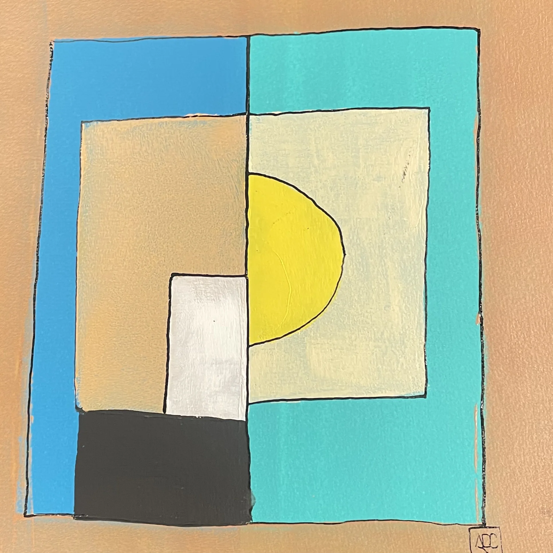 Peinture acrylique géométrique : blocs orange, turquoise, orange-jaune avec accents bleus, gris, jaunes en format carré