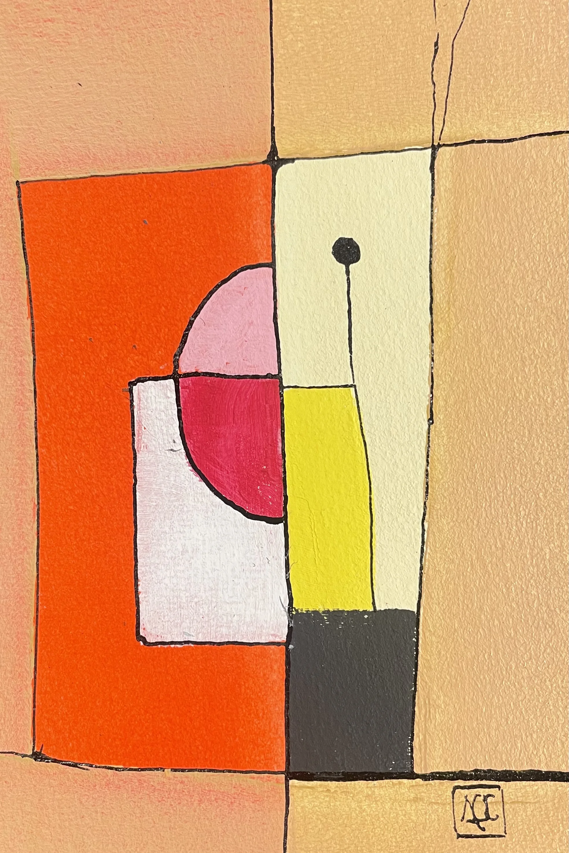 Composition acrylique géométrique : rectangles orange, cercle rose, sections jaunes en arrangement de grille