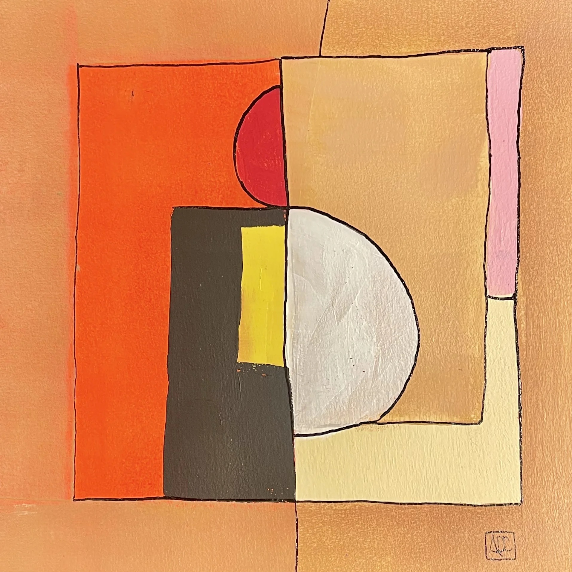 La Mineur - Variations 11 par Arnaud Quercy chez Art Quam Anima — peinture acrylique sur papier, Peinture acrylique carrée avec formes géométriques orange, rectangle brun foncé, et accent jaune dans une composition structurée