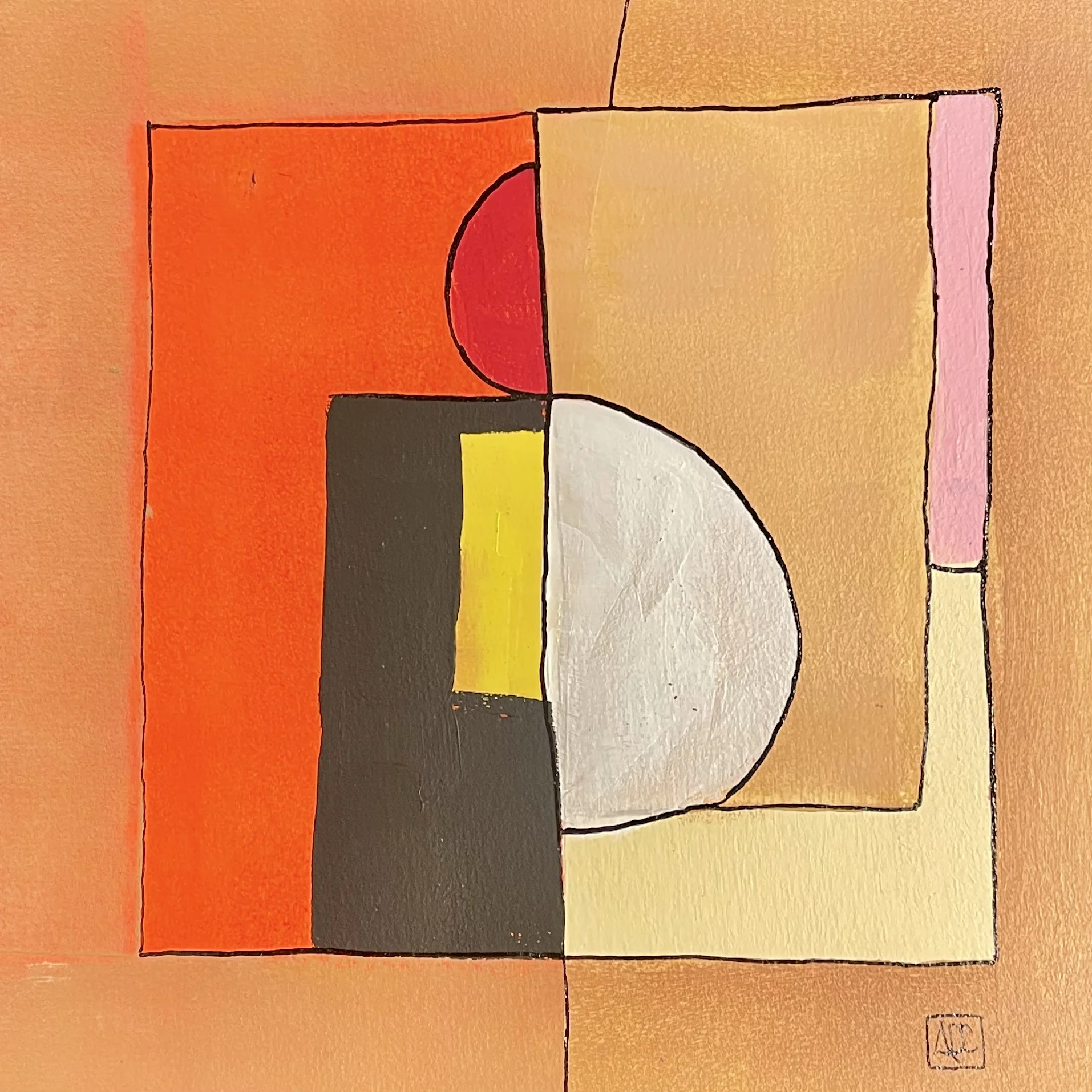 Peinture acrylique carrée avec formes géométriques orange, rectangle brun foncé, et accent jaune dans une composition structurée
