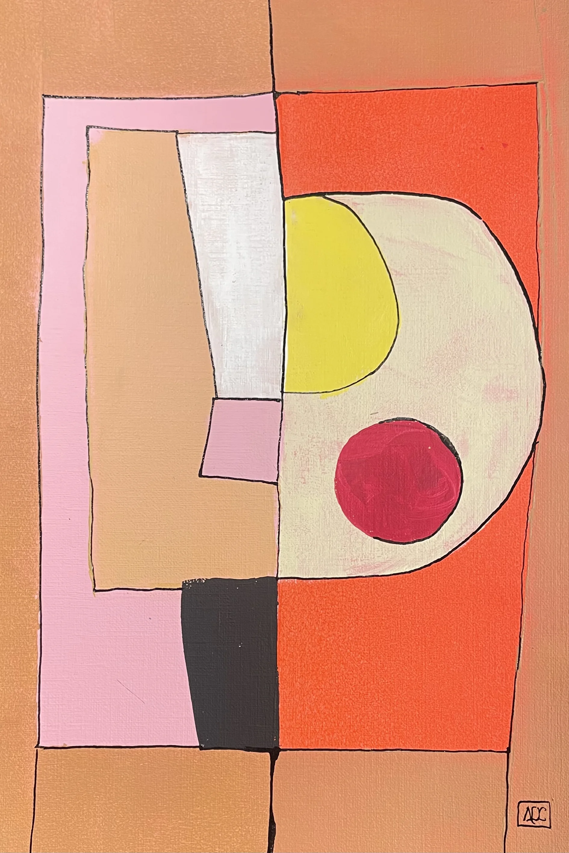 Geometric acrylic painting: orange and red-orange forms with pink, wheat, and yellow accents in structured composition