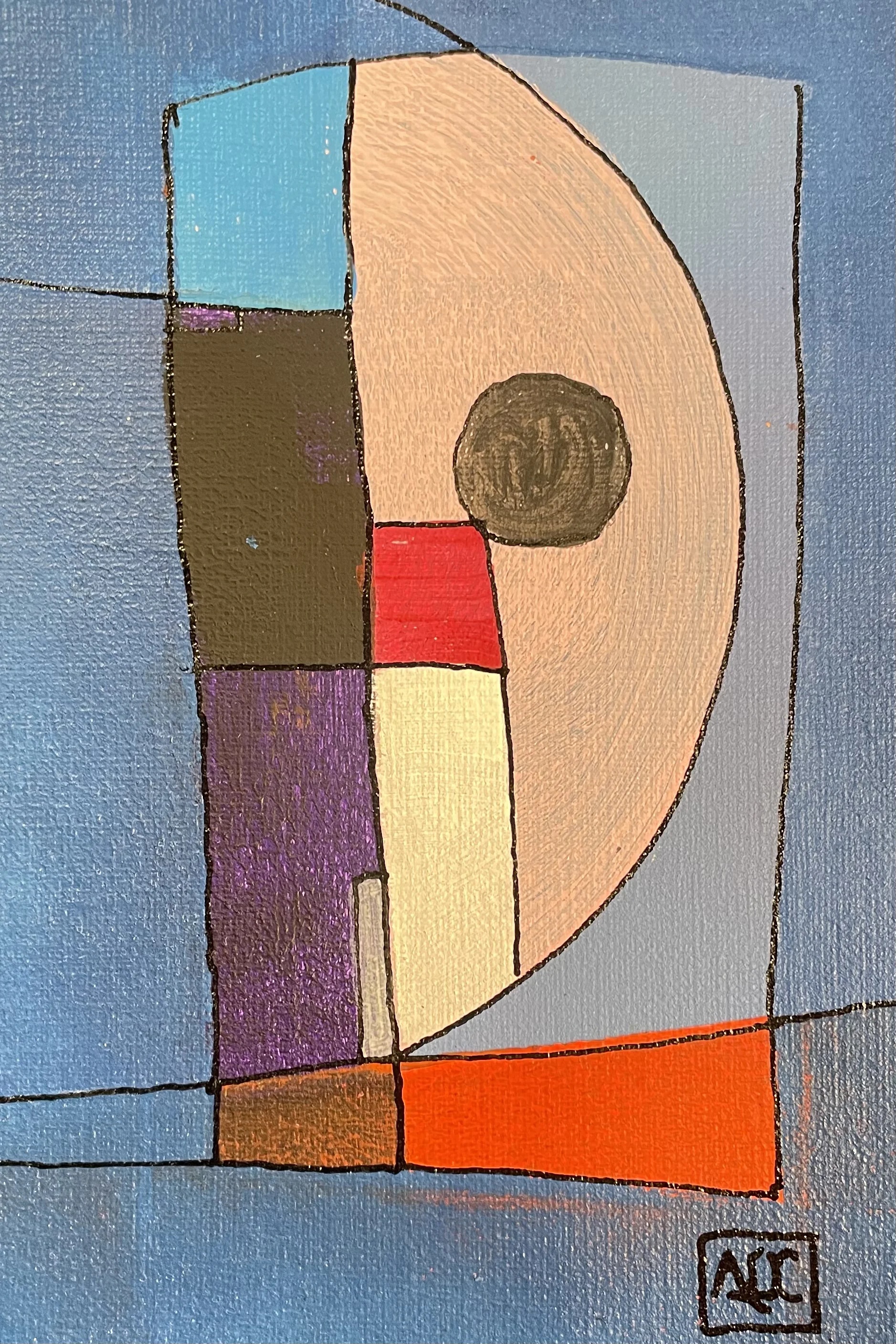La bémol Majeur - Variations 12 par Arnaud Quercy chez Art Quam Anima — peinture acrylique sur papier, Acrylique sur papier : rectangles géométriques en bleu-violet, brun foncé, orange et arc lumineux sur fond bleu-gris, arrangement vertical
