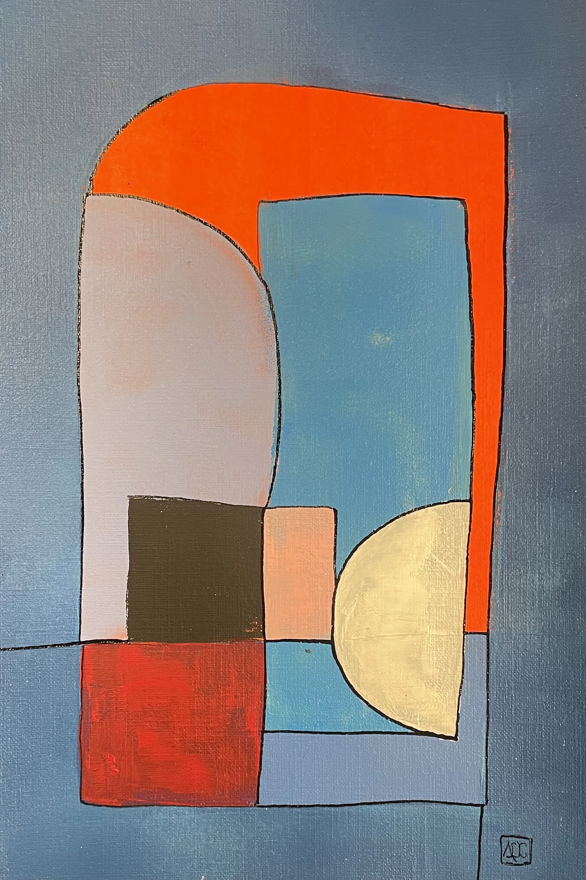 Peinture acrylique avec des formes géométriques bleues et orange représentant l'accord de La bémol Majeur à travers la traduction colorée