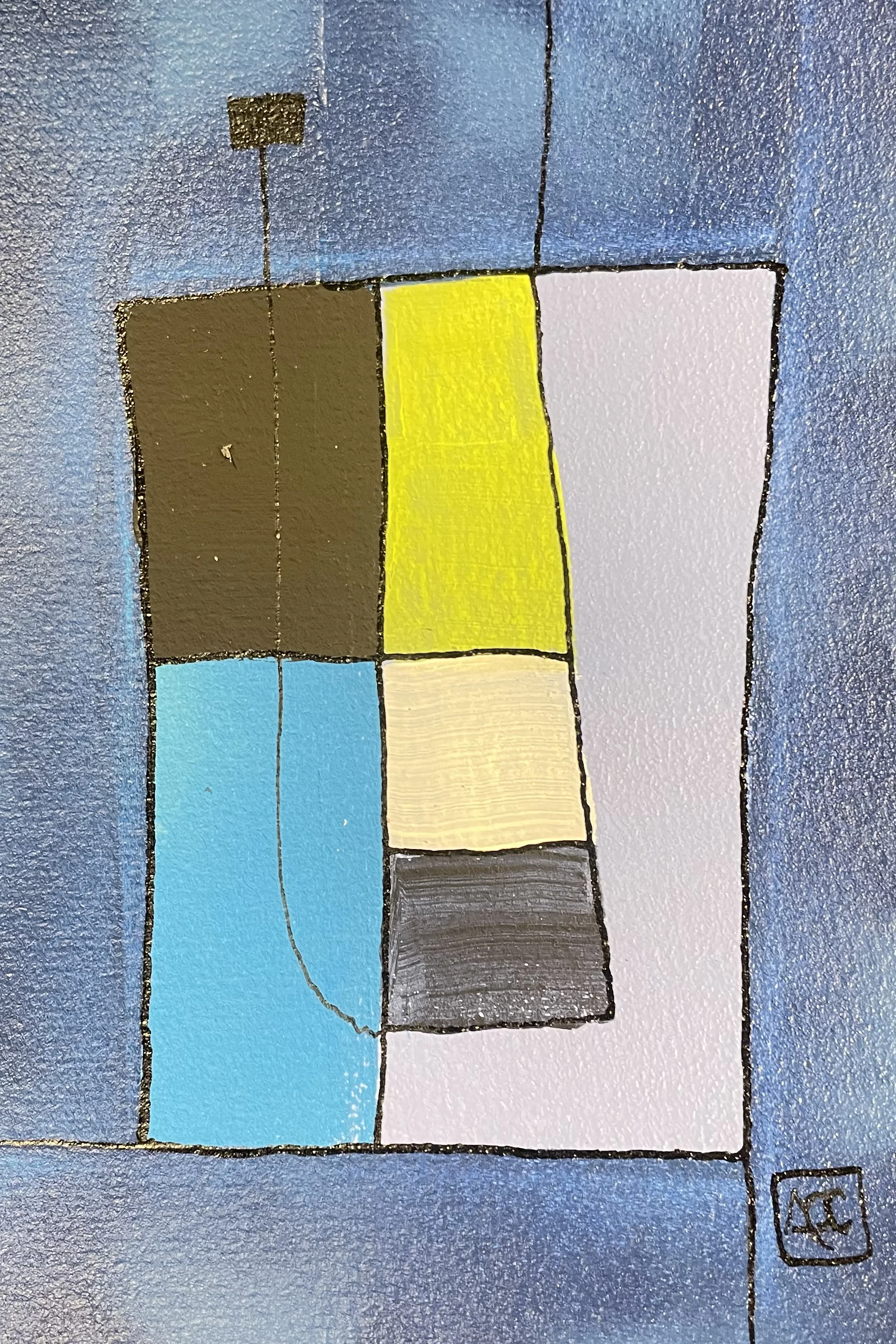 Peinture acrylique : blocs de couleur géométriques en bleu-violet, jaune, bleu ciel arrangés dans une composition rectangulaire