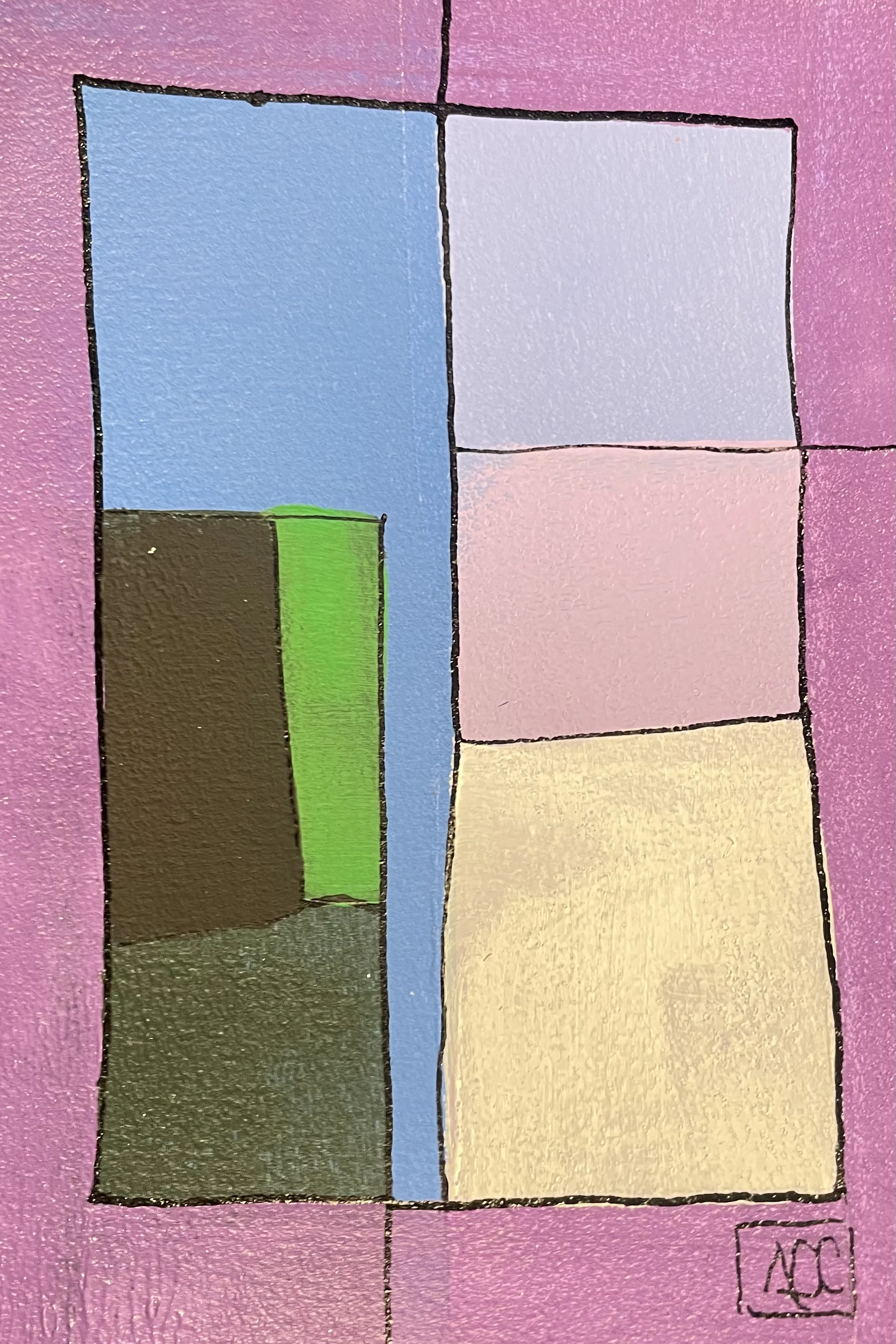 Geometric acrylic composition with red-violet, blue-violet rectangles and yellow-orange sections in chromesthetic arrangement