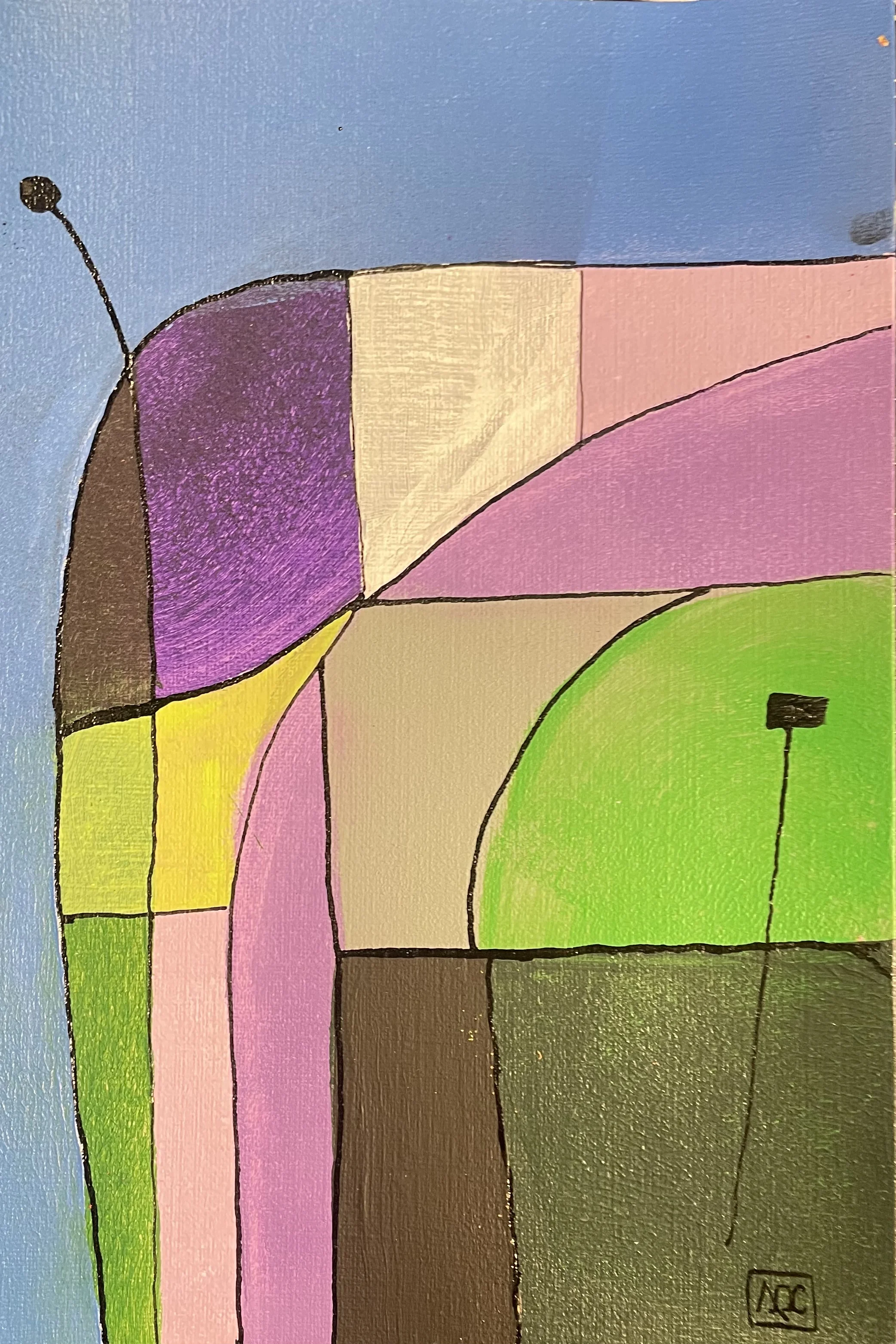 Geometric acrylic painting: yellow-orange, blue-violet, yellow-green sections with curved divisions and accent colors