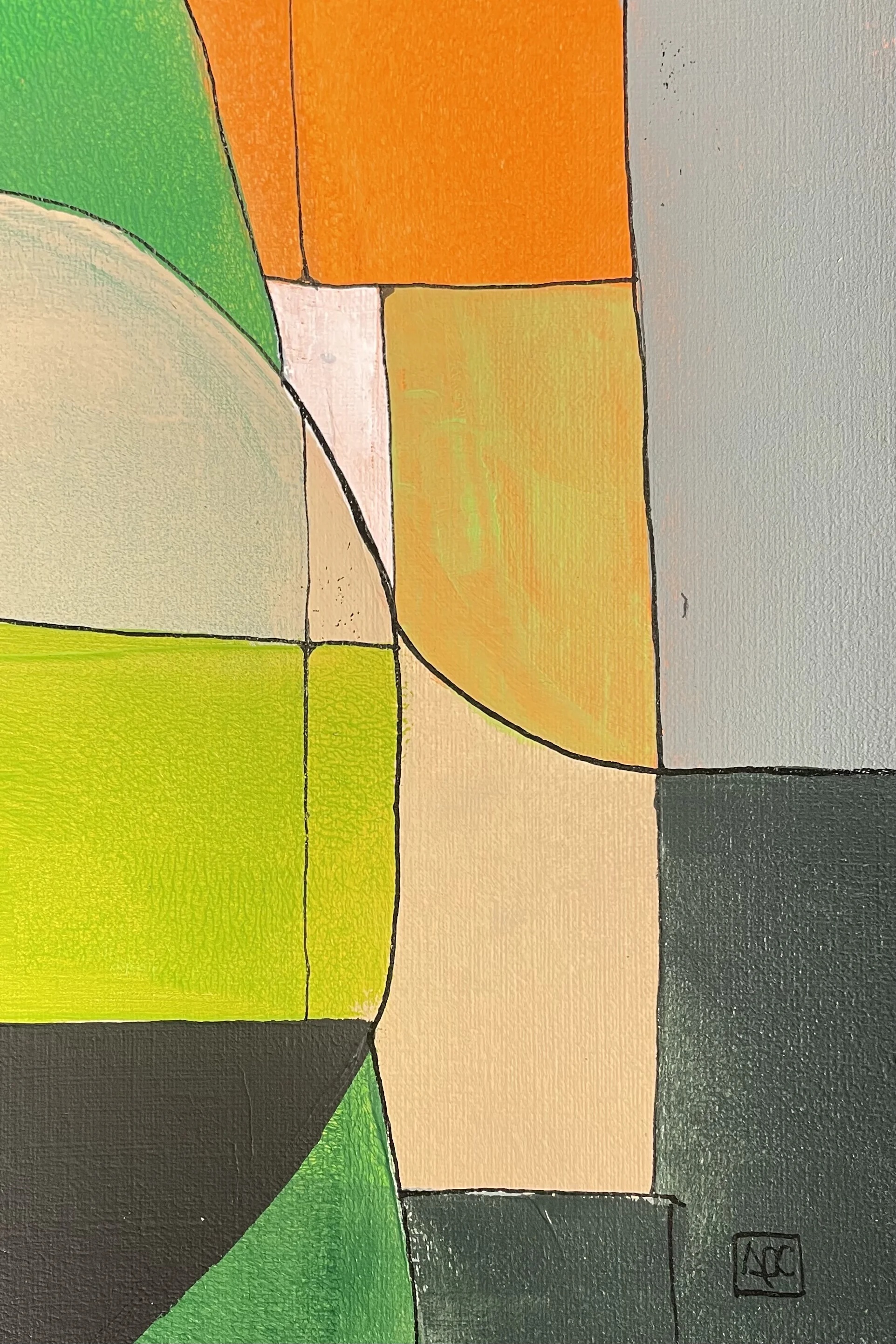 B Minor - Variations 7 by Arnaud Quercy at Art Quam Anima — Acrylic Painting on Paper, Acrylic painting with geometric sections in yellow, orange, and green tones intersected by curved forms