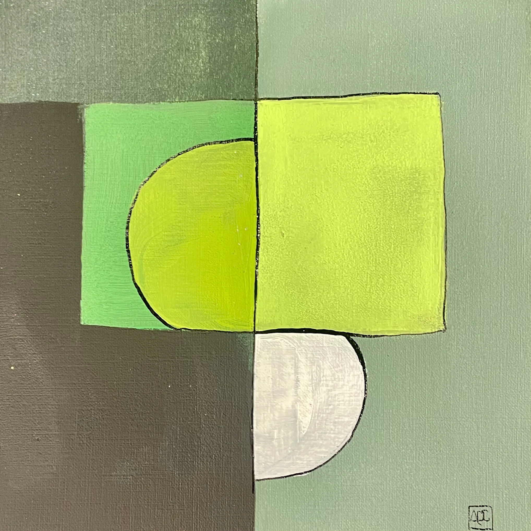 Geometric acrylic painting with chartreuse curved and rectangular forms against sage green background
