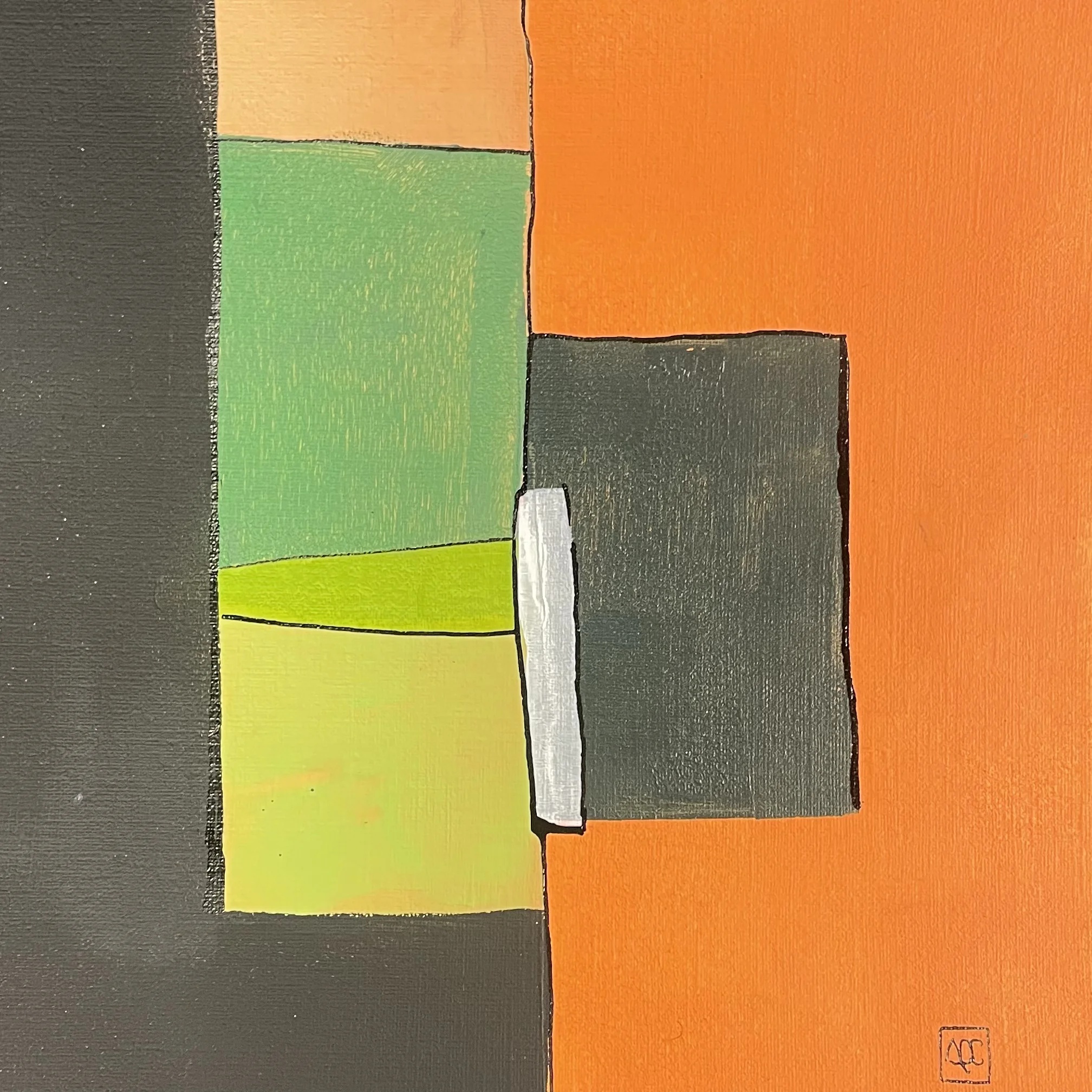 B Minor - Variations 9 by Arnaud Quercy at Art Quam Anima — Acrylic Painting on Paper, Geometric acrylic painting with orange, yellow-green, and dark gray rectangles on paper