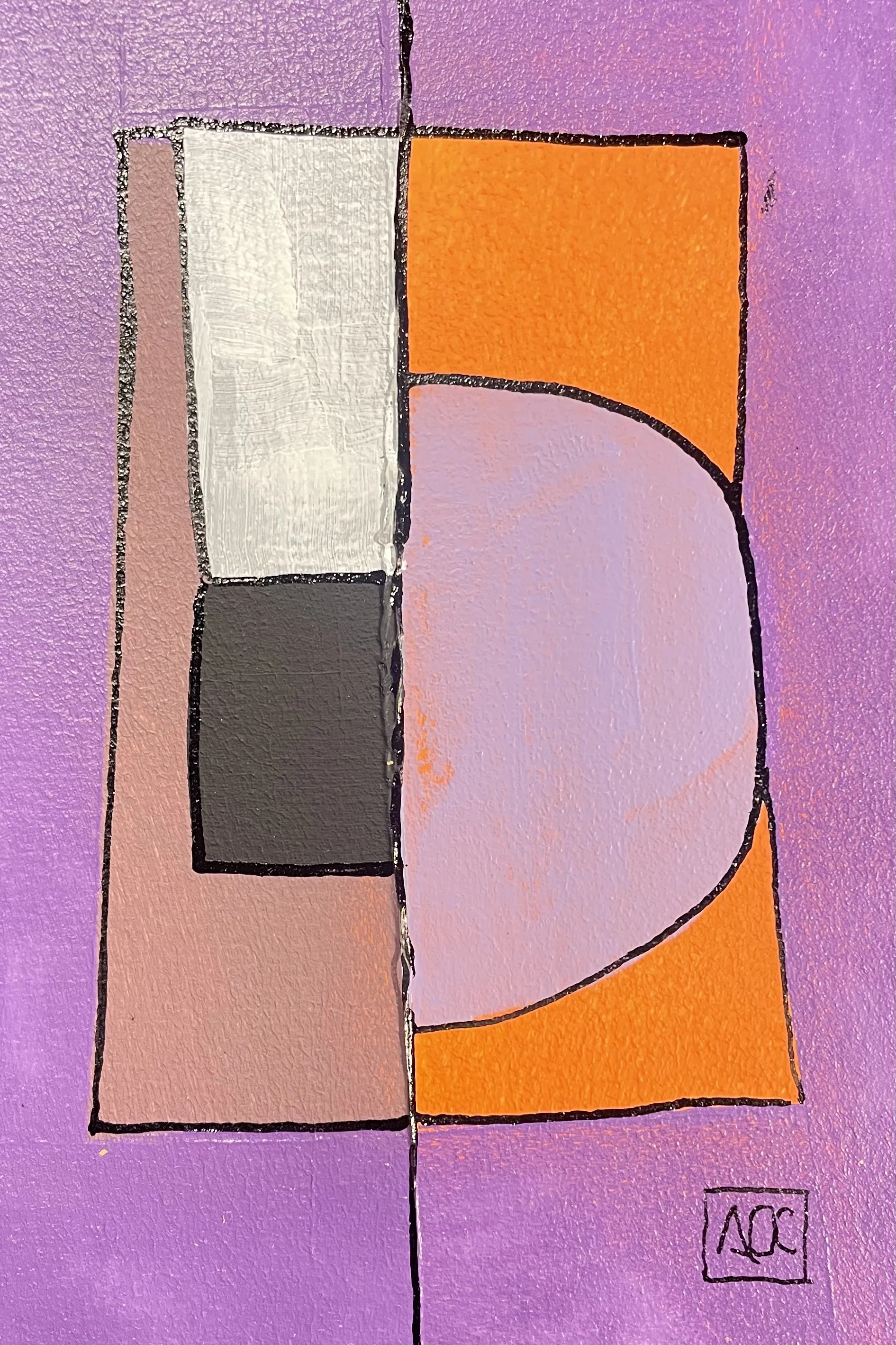 Si bémol Majeur - Variations 7 par Arnaud Quercy chez Art Quam Anima — peinture acrylique sur papier, Peinture acrylique avec des tons orchidée et prune rouge-violet, des zones argentées, et des accents orange chocolat sur papier