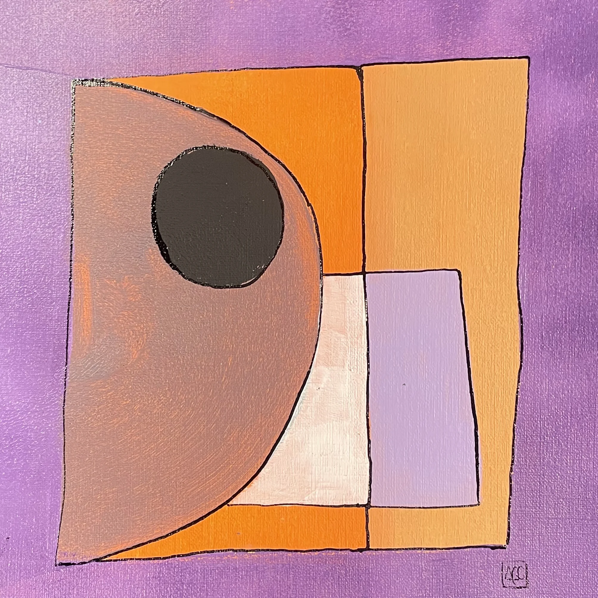 Peinture acrylique avec formes géométriques rouge-violet, orange et rouge-orange traduisant l'accord de Si bémol Majeur en harmonie visuelle