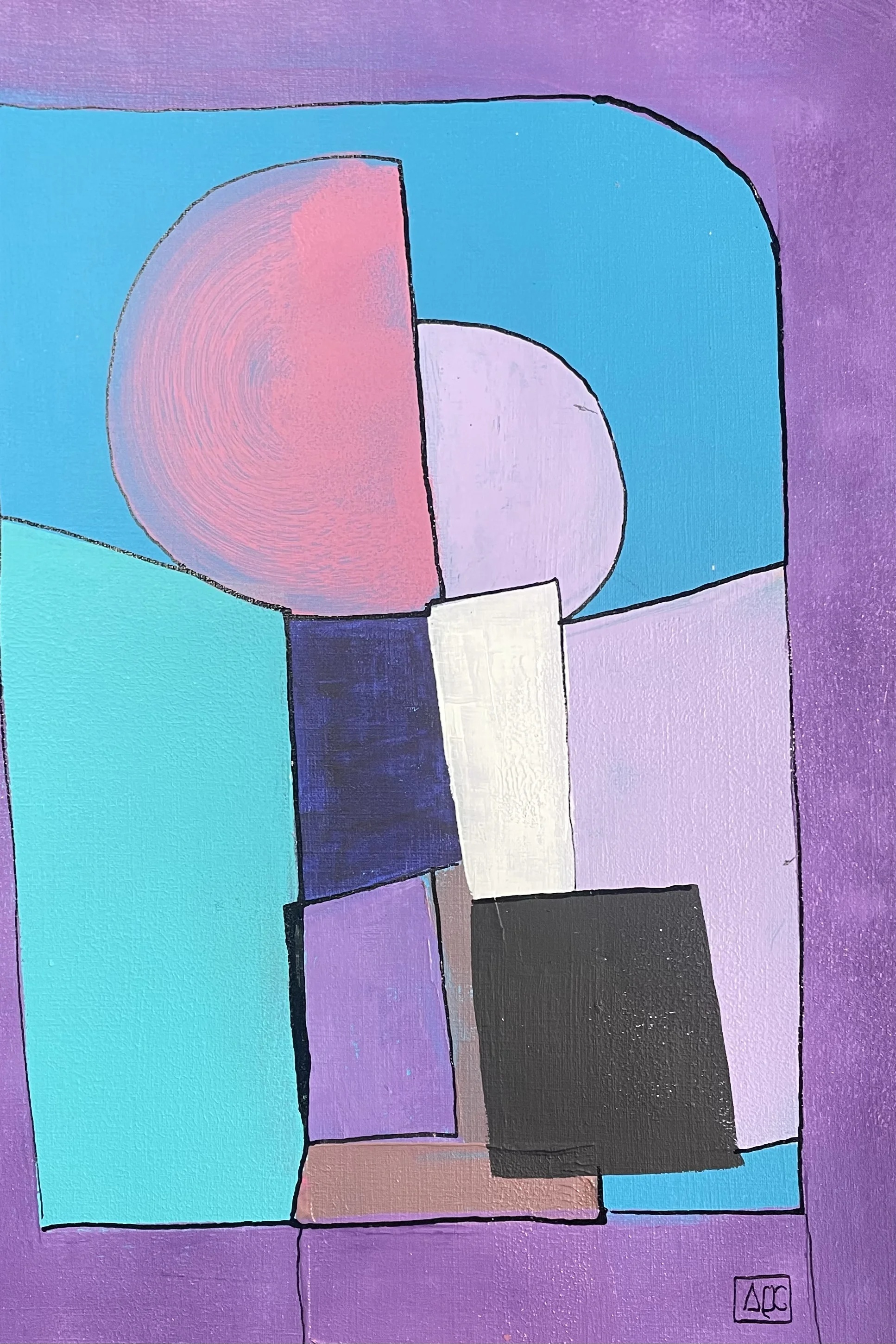 Bb Minor - Variations 11 by Arnaud Quercy at Art Quam Anima — Acrylic Painting on Paper, Acrylic painting with purple, blue-green, and red-purple geometric shapes translating Bb minor chord