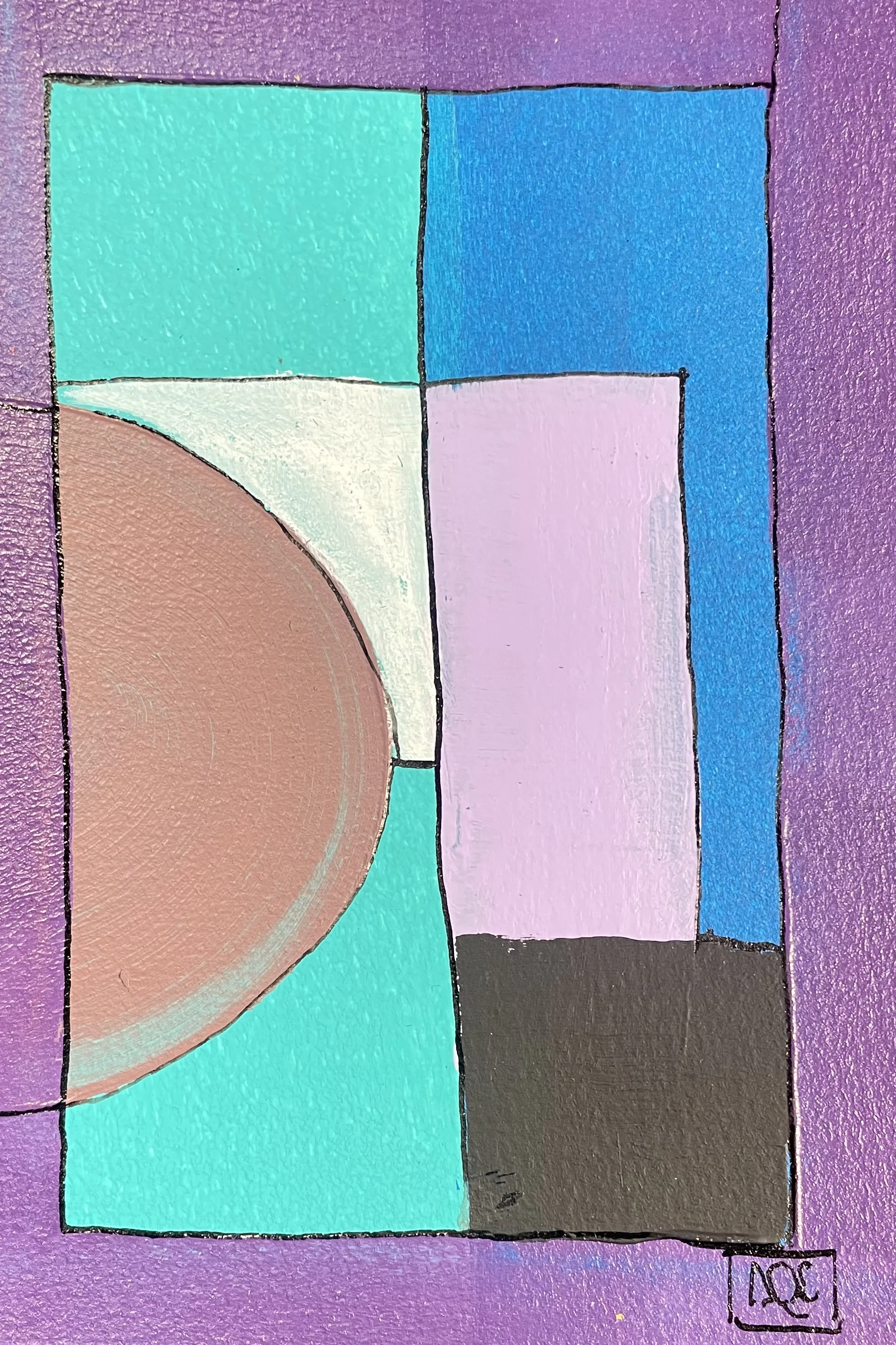 Acrylic painting: geometric blocks of turquoise, violet, orange, and gray arranged in rectangular composition